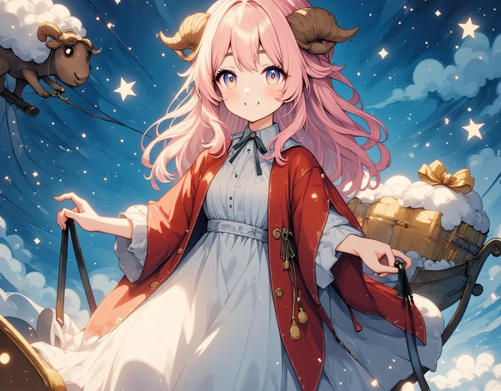 ((UHD, masterpiece, accurate, anatomically correct, super detail, high details, best quality,  highres icon)), 1girl,  Long Pink Fluffy Hair , round sheep horn , Thick eyebrows, She's wearing Santa clothes :1.3,  She's Riding a Flying Sleigh ,  there are lots of presents on the back of the sled,  Light shines in the tracks where the sleigh flew , Fantastic Trails of Light ,  Beautiful Winter Night Sky at Christmas 