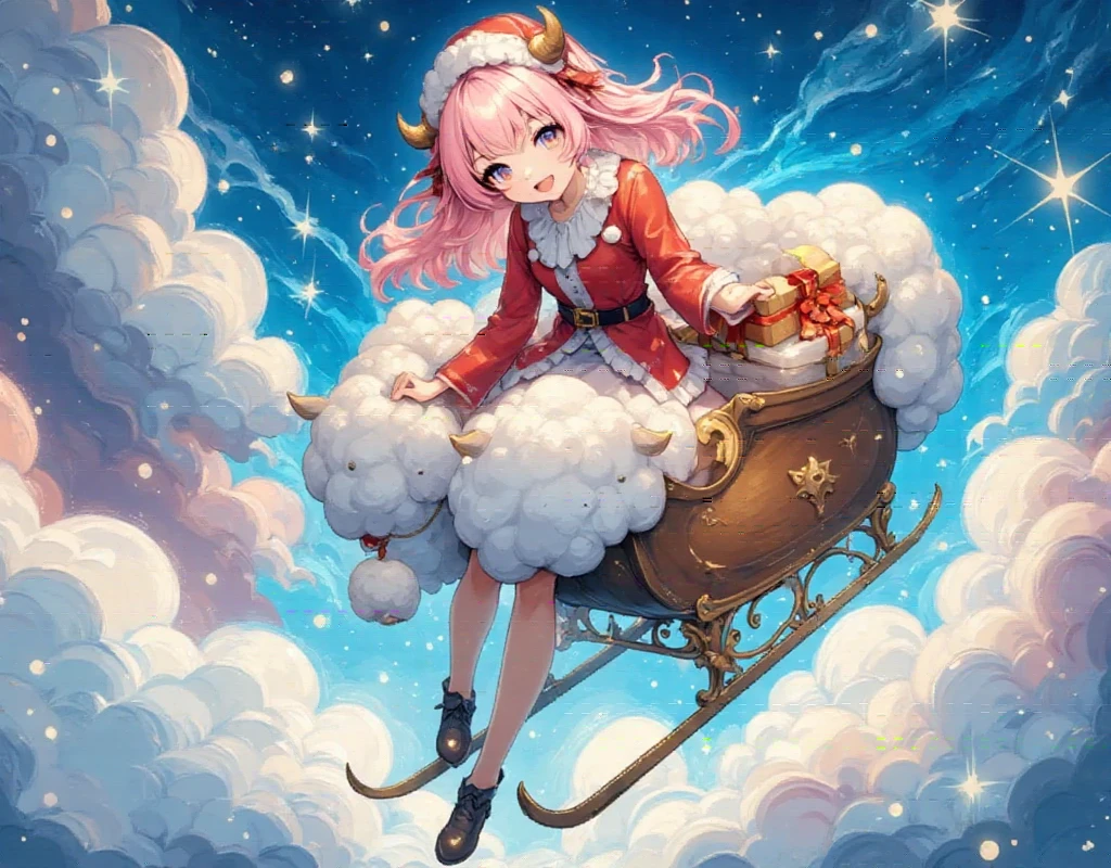 ((UHD, masterpiece, accurate, anatomically correct, super detail, high details, best quality,  highres icon)), 1girl,  Long Pink Fluffy Hair , round sheep horn , Thick eyebrows, She's wearing Santa clothes :1.3,  She's Riding a Flying Sleigh ,  there are lots of presents on the back of the sled,  Light shines in the tracks where the sleigh flew , Fantastic Trails of Light ,  Beautiful Winter Night Sky at Christmas 