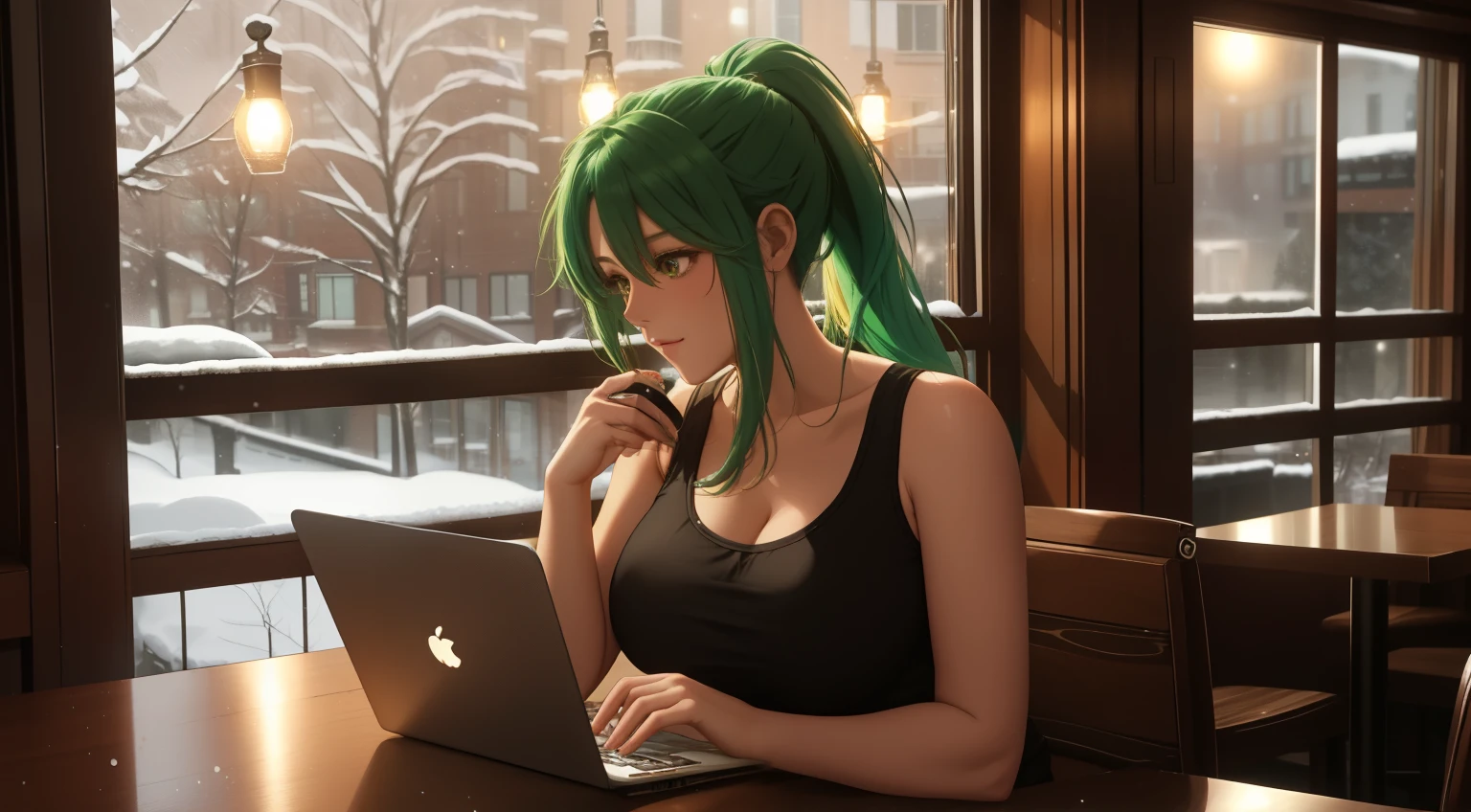 "A woman with green hair tied in a ponytail sits at a table in a cozy café, typing on a laptop. She is wearing a pink tank top under an open zipper jacket, exuding a casual and relaxed vibe. The warm ambient lighting of the café highlights the comforting atmosphere, with subtle details of wooden furniture and soft yellow lights.

Behind her, large windows reveal a snowy winter evening, showcasing softly falling snow and a bustling urban street illuminated by warm streetlights. On the table beside her, a steaming cup of coffee or tea adds to the serene ambiance. The scene blends the cozy interior of the café with the wintry magic outside, capturing a moment of quiet productivity and reflection."