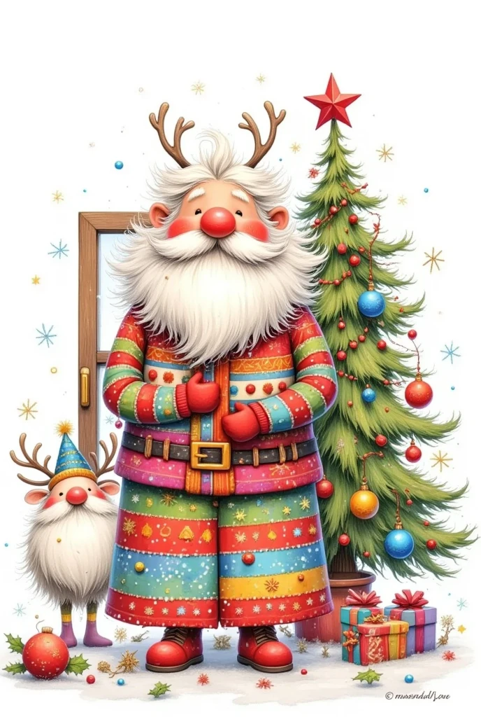 Very funny digital illustration，Red gloves, Long beard, 大胡须, indoors,  Unique ,  Actual ,  red shoes, Christmas tree,  permanent, stripe, christmas ornaments，It&#39;s snowing