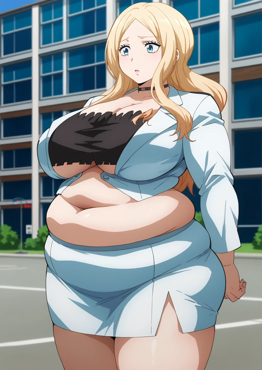  Irina Jelavic,  Golden Hair ,  blue eyes,  black choker like an NTR cartoon, suit,  white jacket,  black shirt , white mini skirt, ssbbw, chubby,milf, score_9,   score_8_ up,   score_7_ up,   score_6_ up,   score_5_ up,   score_4_ up,     masterpiece   ,   top quality,     So Aesthetic ,    absurd,    Source_Anime, Anime screencap,    one woman , Alone,   personal   ,  Super huge breasts, ((( super huge clevis, Super huge , Super huge boob))), Curvy,   chubby,  Mature Woman,   obese ,  troubled expression,  embarrassing expression, Outdoor