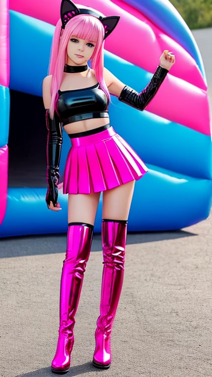  teenager with pink hair,  slim model , Latex top , pleated latex skirt, latex arm warmer  ,  knee-high latex boots, Cat ears, bouncy castle, realistic 