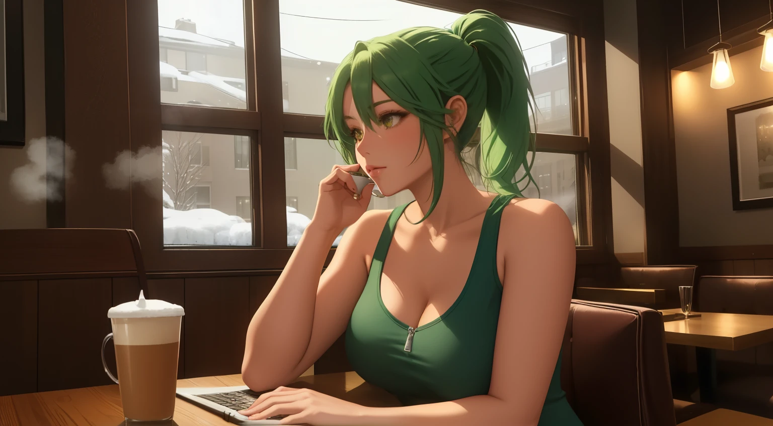 "A woman with green hair tied in a ponytail sits at a table in a cozy café, typing on a laptop. She is wearing a pink tank top under an open zipper jacket, exuding a casual and relaxed vibe. The warm ambient lighting of the café highlights the comforting atmosphere, with subtle details of wooden furniture and soft yellow lights. Behind her, large windows reveal a snowy winter evening, showcasing softly falling snow and a bustling urban street illuminated by warm streetlights. On the table beside her, a steaming cup of coffee or tea adds to the serene ambiance. The scene blends the cozy interior of the café with the wintry magic outside, capturing a moment of quiet productivity and reflection."
