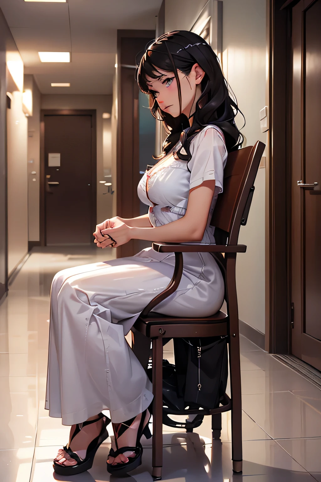 Hospital corridor  . chair .  Beautiful girl . Height 170 cm .  black hair . 26 years old .  Size 3 breasts  .  violet eyes.  She is wearing a beautiful evening dress  . she is crying . Tears are flowing  .  She just lost a loved one . blurred mascara .
