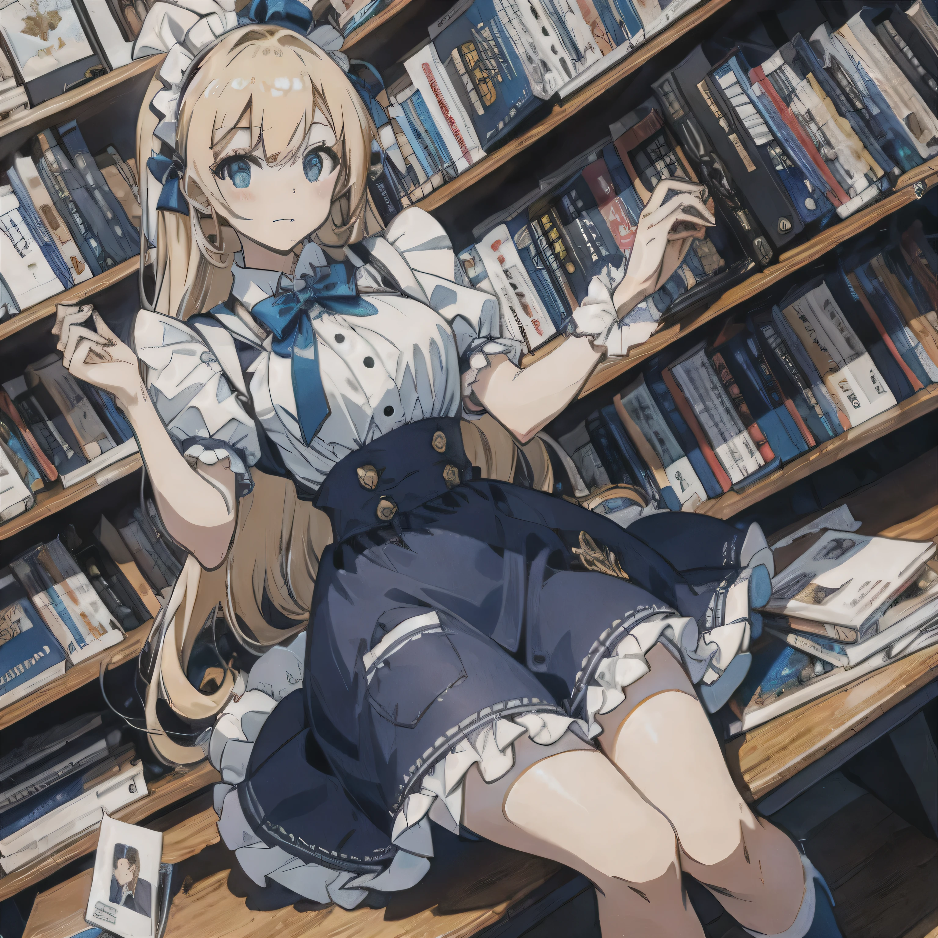  Blonde ， with a blue card ，black and white striped socks， blue dress， a white maid apron ， Alice in Wonderland while sitting in the library， with hands behind the back (Hand Optimization)