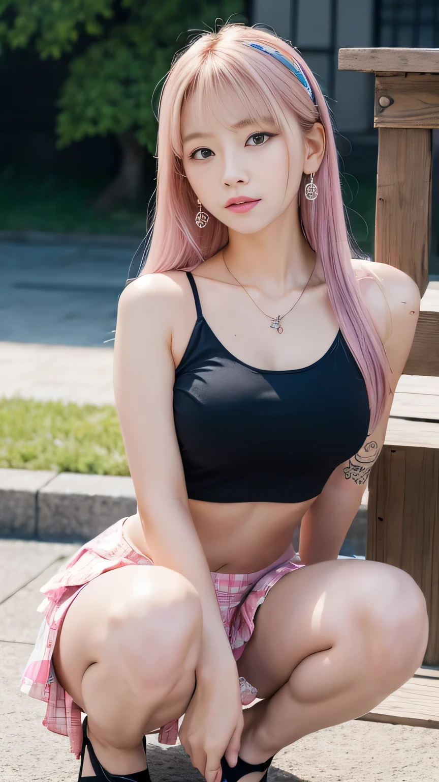 a girl with blond hair pink pink hair, and pink is standing at an outdoor park, 1 girl, breasts, pink hair, necklace, looking at viewer, long hair, cleavage, solo, jewelry, large breasts, mole on breast, day, outdoors, realistic, mole, blurry, blurry background, parted lips, leaning forward