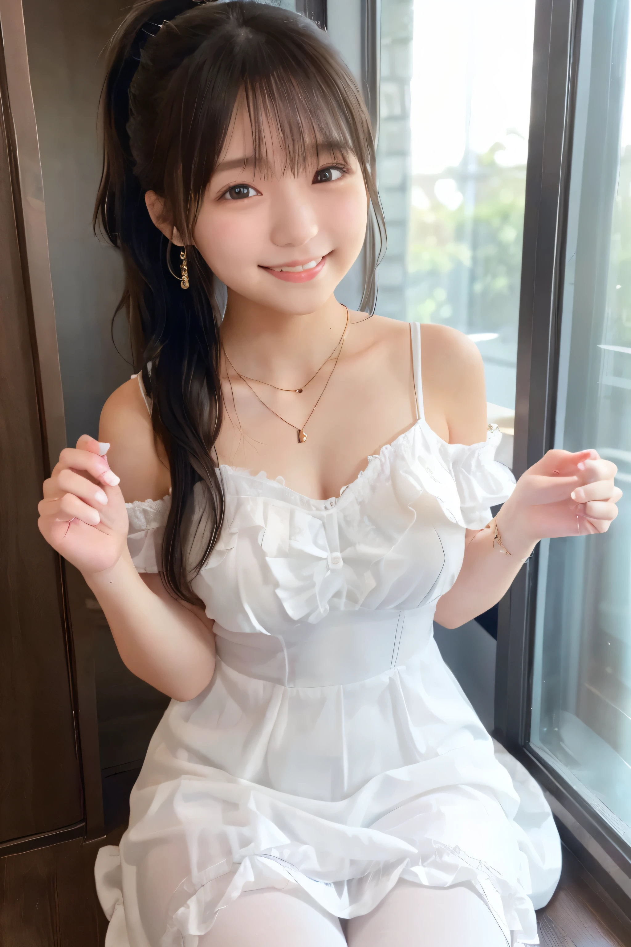 a beautiful japanese girl, very cute high school girl assassin, detailed portrait of innocent virgin, in front of a lord's manor at the dining hall, (off-shoulder white evening gown), silver booties, ((full body, standing:1.1)), ((a coquettish smile, white teeth, open mouth:1.2)), greeting, blushing, fidgeting hands, translucent skin, hands clasped in front, small breasts, cleavage, glossy straight medium black hair, asymmetrical bangs, ((best quality, 4k, 8k, highres, masterpiece, ultra-detailed, realistic, photorealistic, photo-realistic, intricate detail, highly realistic:1.3)), dramatic lighting, muted color palette, cinematic composition, emotional portrait