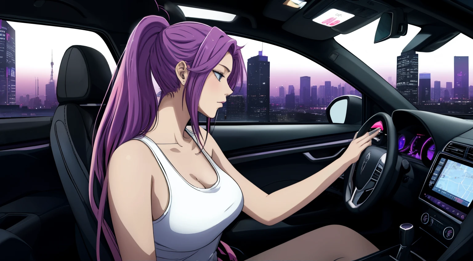 "An anime-style young woman with long purple hair and pink highlights tied in a ponytail, sitting in the driver's seat of a car. The angle is from the front passenger seat, capturing her side profile with a clear view of her face, softly illuminated by the glow of the car’s dashboard lights. Her expression is calm and introspective as she gazes out of the driver's side window into the night. She is wearing a plain white tank top, creating a minimalist and casual appearance. The interior of the car features subtle neon purple lighting, enhancing the futuristic and cyberpunk ambiance. The steering wheel is partially visible, and her hand rests lightly on it. Outside the window, a vibrant urban cityscape is visible, with tall, glowing skyscrapers and scattered streetlights under a clear, starry sky. The overall atmosphere is quiet and reflective, blending modern technology and emotional depth. She exudes a sense of individuality and calmness, perfectly suited for a late-night drive. No cigarettes or smoke are present, ensuring a clean and serene vibe."
