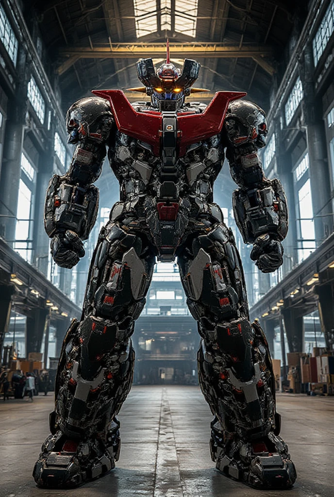   A very realistic smart version of Mazinger Z with the latest design and full body refinement, It stands at a massive height of 98 meters .  constructed with modern materials such as steel ,  Carbon Fiber ,  other industrial elements are also visible ,  just like the real thing , Rugged exterior .  and is set in a large indoor plant facility maintenance shop ,  the appearance of Mazinger Z standing around ,  illuminated by natural light 、Realistic shadows and accentuated massive structures using Gundam technology . The floor emits fine LED light 