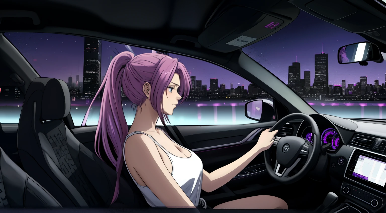 "An anime-style young woman with long purple hair and pink highlights tied in a ponytail, sitting in the driver's seat of a car. The angle is from the front passenger seat, capturing her side profile with a clear view of her face, softly illuminated by the glow of the car’s dashboard lights. Her expression is calm and introspective as she gazes out of the driver's side window into the night. She is wearing a plain white tank top, creating a minimalist and casual appearance. The interior of the car features subtle neon purple lighting, enhancing the futuristic and cyberpunk ambiance. The steering wheel is partially visible, and her hand rests lightly on it. Outside the window, a vibrant urban cityscape is visible, with tall, glowing skyscrapers and scattered streetlights under a clear, starry sky. The overall atmosphere is quiet and reflective, blending modern technology and emotional depth. She exudes a sense of individuality and calmness, perfectly suited for a late-night drive. No cigarettes or smoke are present, ensuring a clean and serene vibe."
