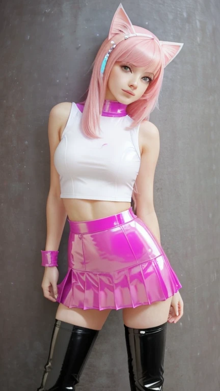  teenager with pink hair,  slim model , Latex top , pleated latex skirt, latex arm warmer  ,  knee-high latex boots, Cat ears, bouncy castle, realistic 