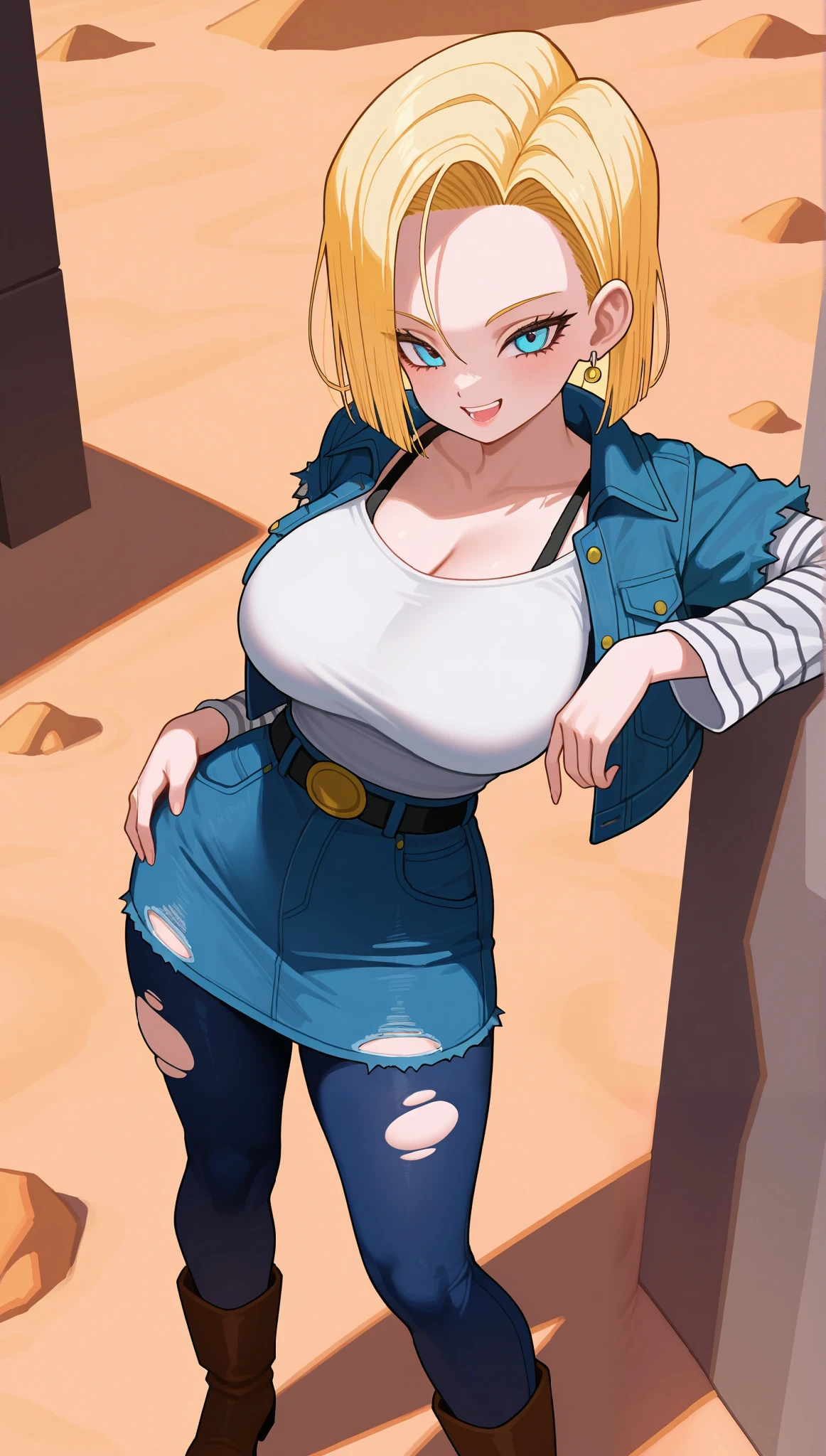 (masterpiece), (portrait), big breasts (aesthetics), ((1 female 21 years old)), Highlight earrings), ((short hair)), ((Hot crystal blonde hair)), ((Android 18)) straight hair, thin eyes open, blue eyes, cute, naughty, malicious smile, woman, feminine, beautiful, female features, top, high quality, aesthetic clothing, professional angle, (rule of thirds), (feminine), , (beautiful) , (female ) features), solo, (Korean attractive), summer, (ink haze), (afternoon), (vibrant light), seductive posture, ((face looking forward))), Android 18, denim jacket, denim skirt, boots, torn black tights, striped sleeves blouse, black strap t-shirt, jeans, sensual ((Energy)), (Bold Makeup), (Big Breasts), Fair Skin, (Clothes with Hip Hop Details), (a hot Android 18, sculptural body, sexy pose), (Sleep Neckline), Beautiful Hands, Body beautiful, beautiful ears, beautiful eyes, bright eyes, beautiful mouth, beautiful lips, hip tilt, sensual leaning pose, isolated, rocks, desert place