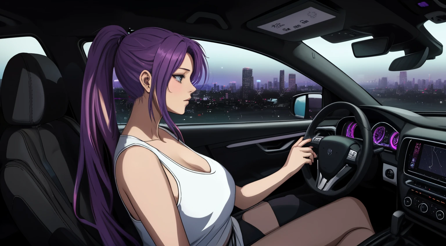 "An anime-style young woman with long purple hair and pink highlights tied in a ponytail, sitting in the driver's seat of a car. The angle is from the front passenger seat, capturing her side profile with a clear view of her face, softly illuminated by the glow of the car’s dashboard lights. Her expression is calm and introspective as she gazes out of the driver's side window into the night. She is wearing a plain white tank top, creating a minimalist and casual appearance. The interior of the car features subtle neon purple lighting, enhancing the futuristic and cyberpunk ambiance. The steering wheel is partially visible, and her hand rests lightly on it. Outside the window, a vibrant urban cityscape is visible, with tall, glowing skyscrapers and scattered streetlights under a clear, starry sky. The overall atmosphere is quiet and reflective, blending modern technology and emotional depth. She exudes a sense of individuality and calmness, perfectly suited for a late-night drive. No cigarettes or smoke are present, ensuring a clean and serene vibe."
