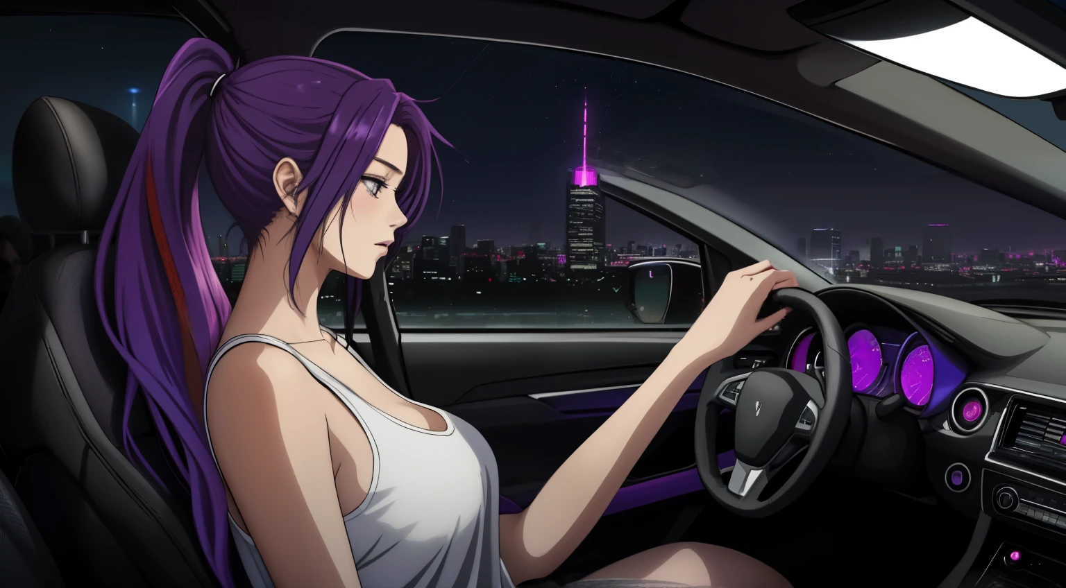 "An anime-style young woman with long purple hair and pink highlights tied in a ponytail, sitting in the driver's seat of a car. The angle is from the front passenger seat, capturing her side profile with a clear view of her face, softly illuminated by the glow of the car’s dashboard lights. Her expression is calm and introspective as she gazes out of the driver's side window into the night. She is wearing a plain white tank top, creating a minimalist and casual appearance. The interior of the car features subtle neon purple lighting, enhancing the futuristic and cyberpunk ambiance. The steering wheel is partially visible, and her hand rests lightly on it. Outside the window, a vibrant urban cityscape is visible, with tall, glowing skyscrapers and scattered streetlights under a clear, starry sky. The overall atmosphere is quiet and reflective, blending modern technology and emotional depth. She exudes a sense of individuality and calmness, perfectly suited for a late-night drive. No cigarettes or smoke are present, ensuring a clean and serene vibe."
