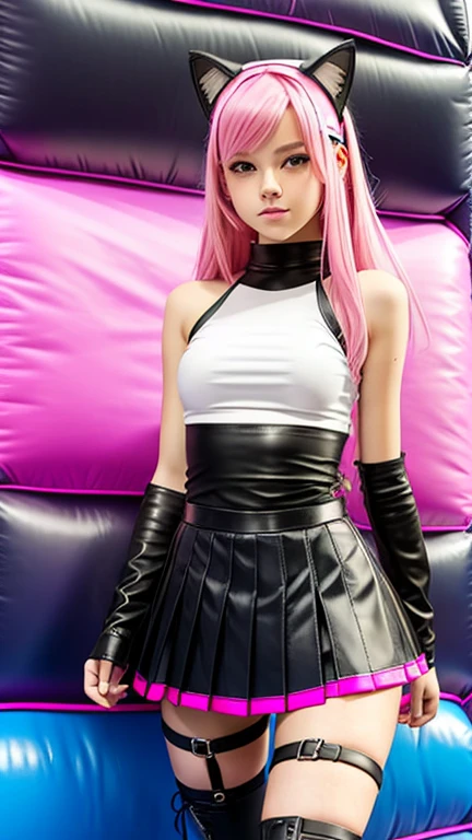  ager with pink hair,  slim model , Leather top , pleated leather skirt, leather arm warmer  ,  knee-high leather boots, Cat ears, bouncy castle 