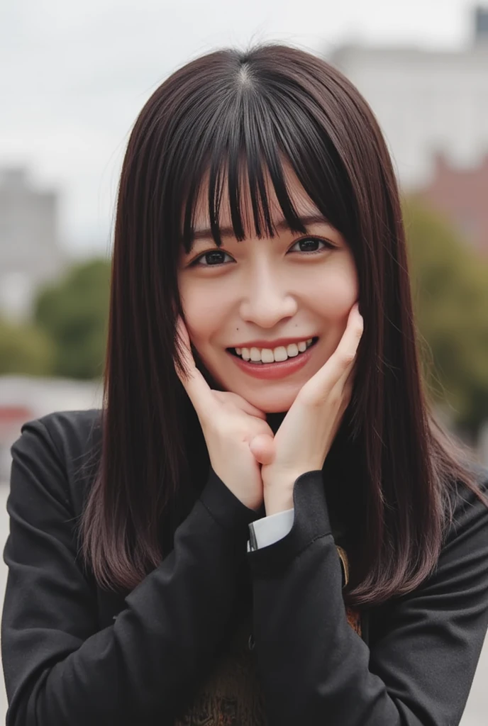 Nagahama_black, This image is、 This is a portrait of a young woman with dark hair and bangs that extend to her shoulders.  she's smiling big 、Looking directly at the camera. 女性はblackと白のチェック柄のコートにフードがあり、肩にかけたblackいバッグを身に着けています.  The Background Is Blurry , but、It looks like an urban area with buildings and trees 々 . The lighting is soft and natural, Create a bokeh effect.  The overall vibe of the image is happy and relaxed .

the perfect hand,  beautiful hands. 