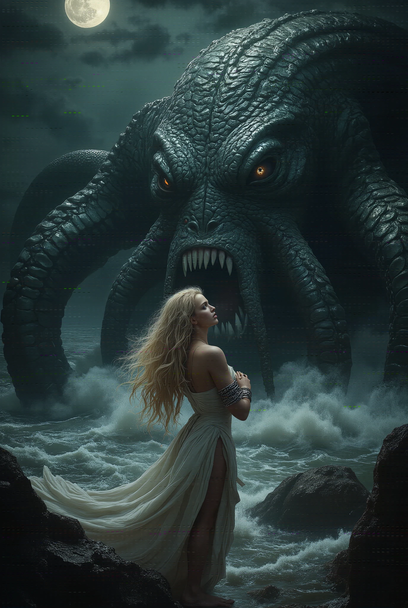 (Highest Quality, 4k, 8k, Hi-Res, Masterpiece:1.2), (Ultra-Detailed, Realistic, Graphic:1.37), (Severe Situation:1.1), (Scene from Ancient Greek Mythology, Naked Princess Andromeda in agony with a large view from behind of a beautiful, blond, blue-eyed, naked woman, Andromeda,lying on her back on the sacrifice table with chains on her wrists:1.8), (from behind:1.5), while life-threatening scene with the upper body of a giant man-eating monster, the Kraken, (who has no chain:1.2), emerging from the sea in the distance, Medium: illustration, detailed illustration, digital illustration, strong shading, strong texture, detail: eerie atmosphere, eerie clouds, dark lighting, murky sea water, desperate look of the princess, terrifying eyes, scarred bare feet, rippling muscles on the monster's upper body, scales glistening in the sunlight on the monster's body Artistic Style: dark fantasy, terrifying mythical creature, dramatic composition Color Palette: eerie, red and Blue nuances Lighting: eerie moonlight casting unforgettable shadows; spotlights illuminate the princess, tiny pegasus with a man on it flying toward us among the clouds far in the sky; stunningly powerful and realistic composition by Gregg Rutkowski