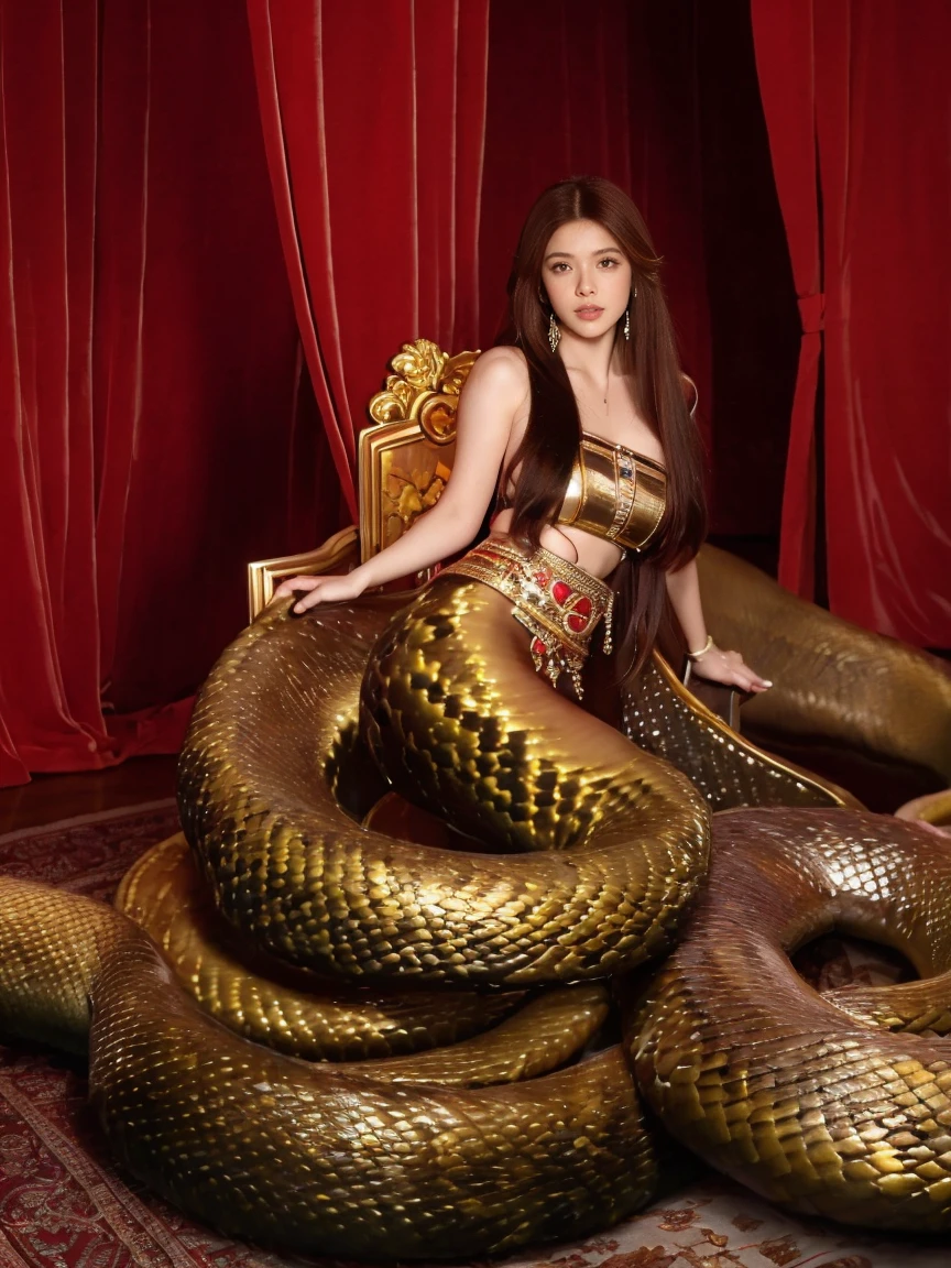 best quality,masterpiece,ultra high resolution,(actual:1.4),original photo,ultra high definition，8K，there is a woman，goddess，fair skin，long hair, golden long dress, lamia, naga, medusa, long snake tail，Confident, beautiful and generous，temperament