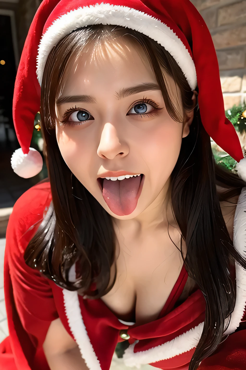 ((Christmas party venue, in front of the ,SEXY SANTA CLAUS CHRISTMAS COSPLAY COSTUME,)) One girl , table top in bed,,Award-winning photo,  very detailed,  face close-up 、 in front of the park's public toilet entrance, Nose and mouth, focus on face ,  Women with Open Mouth and Closed Eyes ,  Close up view of focus on face 、age: 18 , dark-haired、Symmetrical face,Realistic nostrils、 If 、Extended C-shaped nostrils 、 sweated skin、 sweated,  lighting that emphasizes glowing skin、 sweated,  glowing skin、 glowing skin、 big eyes、 double eyelid 、( My Tongue Is Wet and Glowing ) ((Wet tongue)),Taylor Hill, hyperrealistic ,real skin、Nogizaka Members,Detailed and realistic eyelashes and double eyelids,