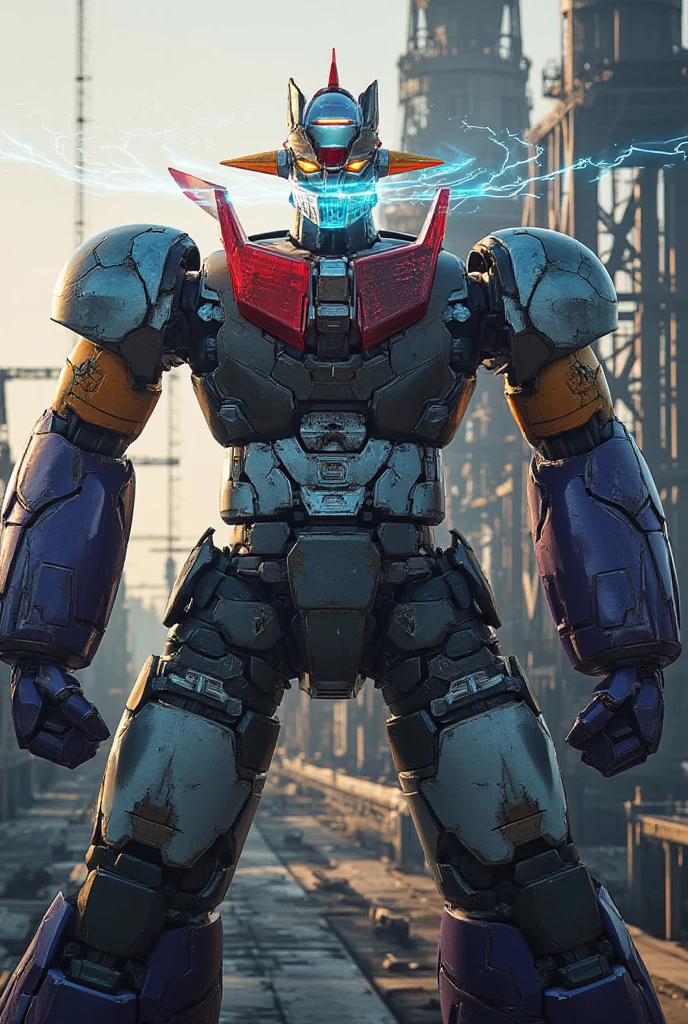 A very realistic version of the modded Mazinger Z, Standing in a forward position at a height of 100 meters .  constructed with modern materials such as steel ,  Carbon Fiber ,  other industrial elements are also visible ,  just like the real thing ,  Symbolic features such as the chest plate and head where high voltage current flows and emits light have been carefully reproduced.  set in a modern industrial environment ,  the appearance of Mazinger Z standing around ,  illuminated by natural light 、 huge structures highlighted with realistic shadows . LED light lighting 　Gundam