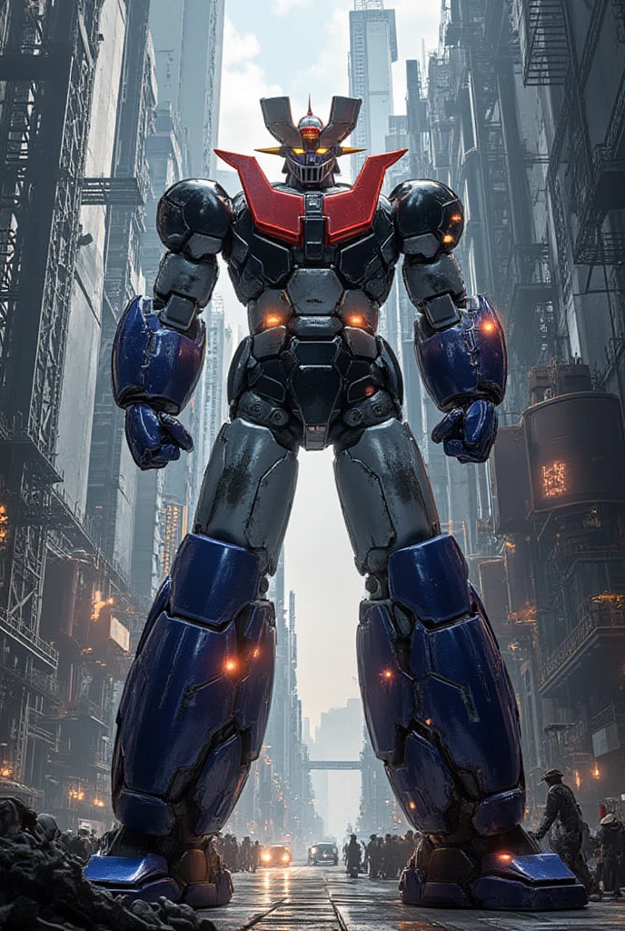 A very realistic version of the modded Mazinger Z, Standing in a forward position at a height of 100 meters .  constructed with modern materials such as steel ,  Carbon Fiber ,  other industrial elements are also visible ,  just like the real thing ,  Symbolic features such as the chest plate and head where high voltage current flows and emits light have been carefully reproduced.  set in a modern industrial environment ,  the appearance of Mazinger Z standing around ,  illuminated by natural light 、 huge structures highlighted with realistic shadows . LED light lighting 　Gundam