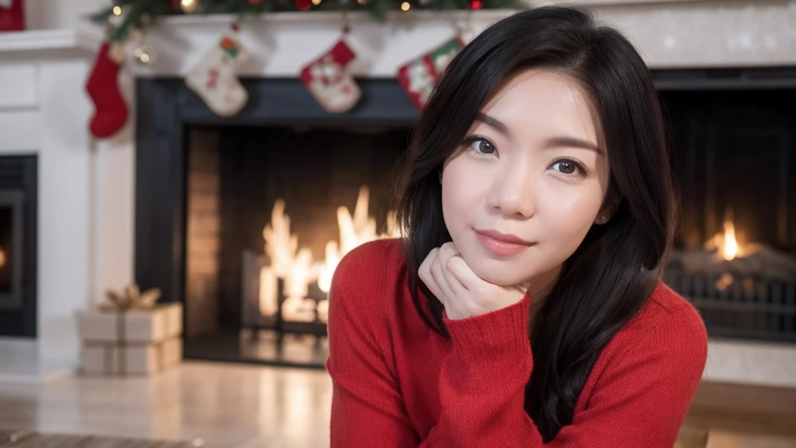 A beautiful chinese 40yo woman with beautiful eyes:1.2, detailed eyes, beautiful full lips, highly detailed eyes and faces, long eyelashes, cute expression, smile, sitting:1.4, holding a Christmas star, homely background, Christmas sweater, fireplace, warm light, detailed lighting and shadows, anime style, 8k, Hi-Res, masterpiece:1.4, bright colors,