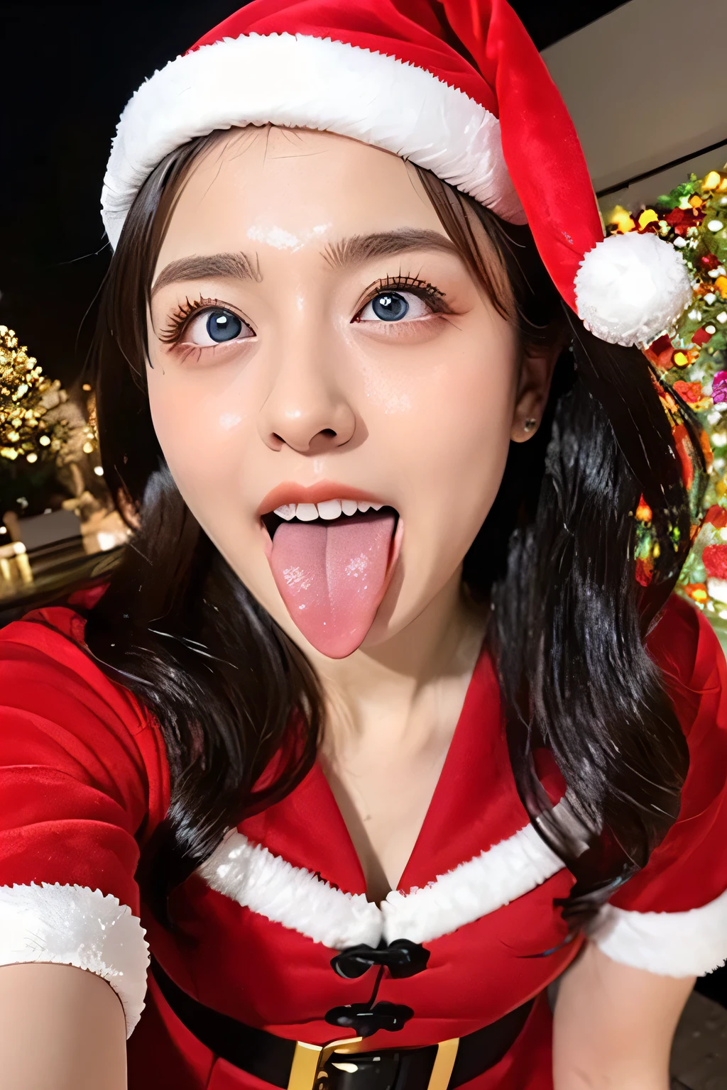 ((Christmas party venue, in front of the ,SEXY SANTA CLAUS CHRISTMAS COSPLAY COSTUME,)) One girl , table top in bed,,Award-winning photo,  very detailed,  face close-up 、 in front of the park's public toilet entrance, Nose and mouth, focus on face ,  Women with Open Mouth and Closed Eyes ,  Close up view of focus on face 、age: 18 , dark-haired、Symmetrical face,Realistic nostrils、 If 、Extended C-shaped nostrils 、 sweated skin、 sweated,  lighting that emphasizes glowing skin、 sweated,  glowing skin、 glowing skin、 big eyes、 double eyelid 、( My Tongue Is Wet and Glowing ) ((Wet tongue)),Taylor Hill, hyperrealistic ,real skin、Nogizaka Members,Detailed and realistic eyelashes and double eyelids,