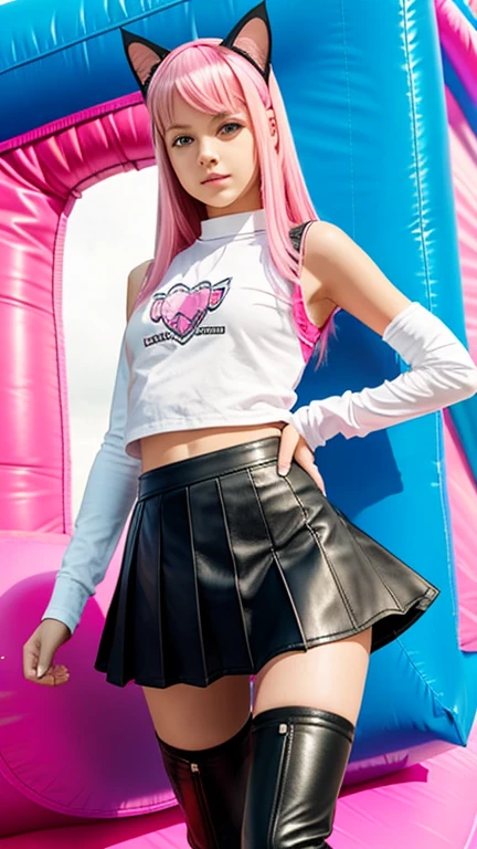  teenager with pink hair,  slim model , Leather top , pleated leather skirt, leather arm warmer  ,  knee-high leather boots, Cat ears, bouncy castle 