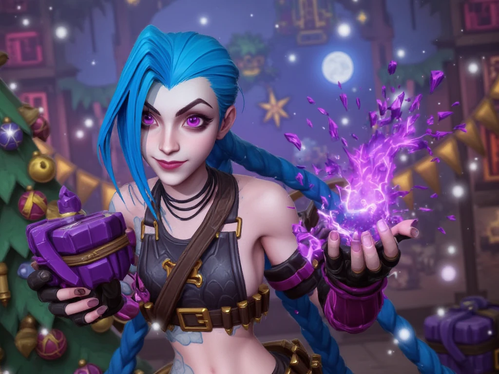 (best quality, 128k,highres,masterpiece:1.2),ultra-detailed,(realistic,photorealistic,photo-realistic:1.37), ((masterpiece)) ((photography)) ((Highest quality))  Jinx from Arcane in a Christmas theme: Jinx is dressed in a chaotic, festive Santa outfit, with her iconic blue hair styled in wild, mismatched curls, decorated with Christmas ornaments. She holds a gift box, but it’s clearly about to explode in confetti and tinsel. Her mischievous grin shows that she’s ready to cause some holiday havoc. The background is a colorful, slightly chaotic Christmas scene with garlands, lights, and a crooked tree. Snowflakes are falling around her, and she’s surrounded by fireworks and candy cane-shaped bombs.