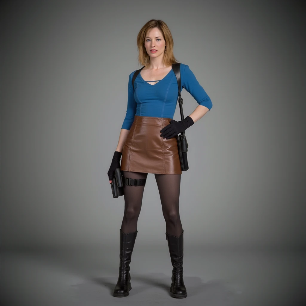 Jill Valentine focus skirt, skirt, blue top.