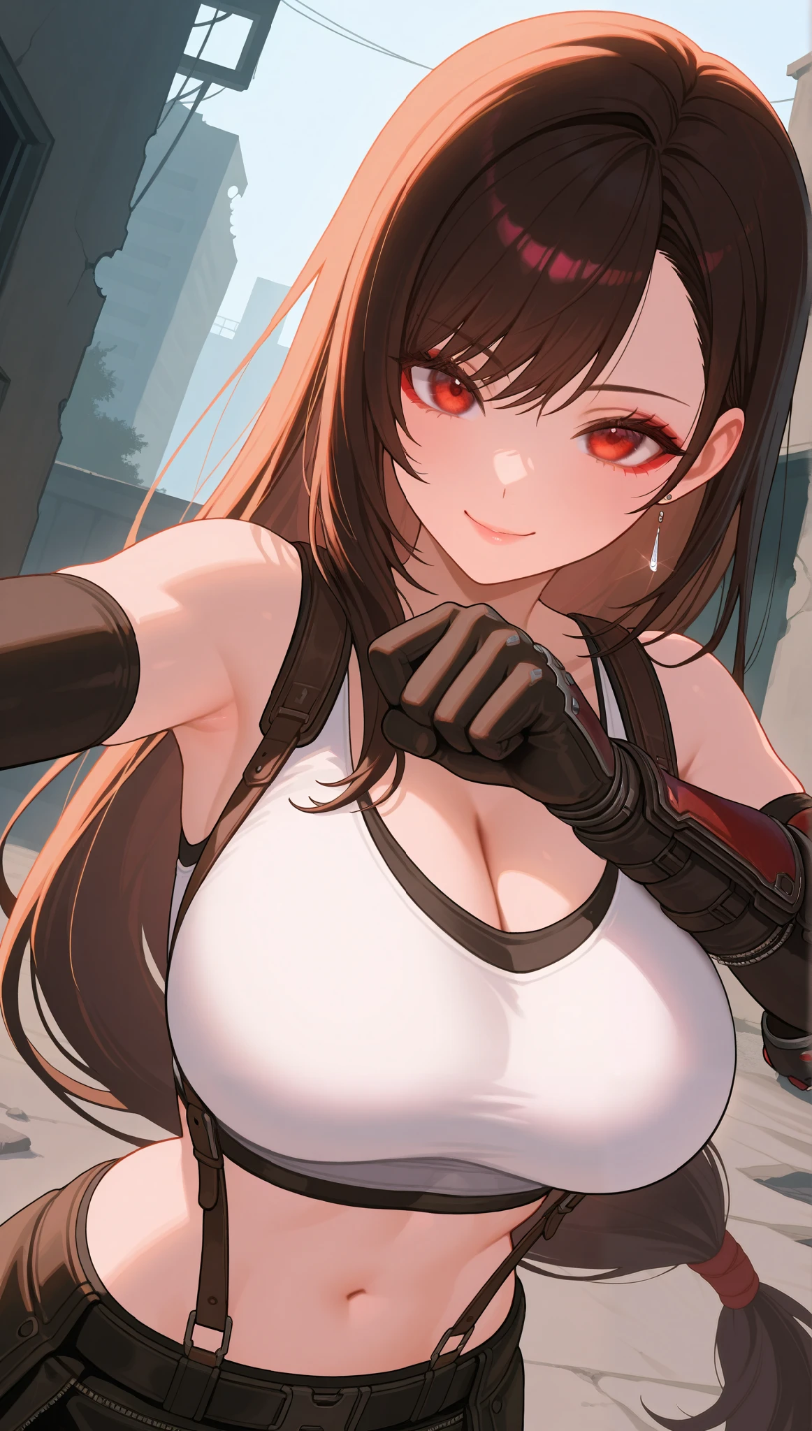 (masterpiece), (portrait), big breasts (aesthetics), ((1 female 21 years old)), Highlight earrings), ((long hair)), ((Hot crystal black hair)), ((Tifa Lockhart)) straight hair, thin eyes open, red eyes, cute, naughty smile, woman, feminine, beautiful, female features, top, high quality, aesthetic clothing, professional angle, (rule of thirds), (feminine), (feminine), (feminine), (beautiful) , (female ) features), solo, (Korean attractive), summer, (ink haze), (afternoon), (vibrant light), seductive posture, ((face looking forward))), Tifa Lockhart, mini skirt, suspenders, strap tank top, long leather gloves, sensual ((Energy)), (Bold Makeup), (Big Breasts), Fair Skin, (Clothes with Hip Hop Details), (a Tifa Lockhart, sculptural body, clenched fists, fighting pose), (Sleep Neckline), Beautiful Hands, Body beautiful, beautiful ears, beautiful eyes, bright eyes, beautiful mouth, beautiful lips, abandoned building, all trickery