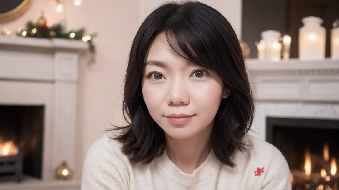 A beautiful chinese 40yo woman with beautiful eyes:1.2, detailed eyes, beautiful full lips, highly detailed eyes and faces, long eyelashes, cute expression, smile, sitting:1.4, holding a Christmas star, homely background, Christmas sweater, fireplace, warm light, detailed lighting and shadows, anime style, 8k, Hi-Res, masterpiece:1.4, bright colors,