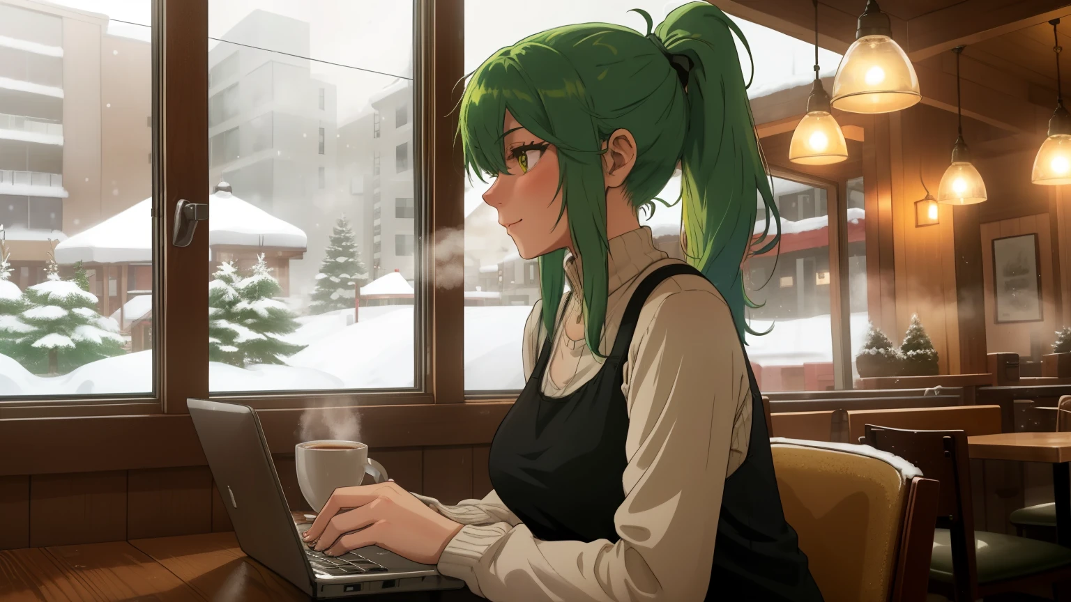 "A woman with green hair tied in a ponytail sits at a table in a cozy café, typing on a laptop. She is wearing a pink tank top under an open zipper jacket, exuding a casual and relaxed vibe. The warm ambient lighting of the café highlights the comforting atmosphere, with subtle details of wooden furniture and soft yellow lights. Behind her, large windows reveal a snowy winter evening, showcasing softly falling snow and a bustling urban street illuminated by warm streetlights. On the table beside her, a steaming cup of coffee or tea adds to the serene ambiance. The scene blends the cozy interior of the café with the wintry magic outside, capturing a moment of quiet productivity and reflection."
