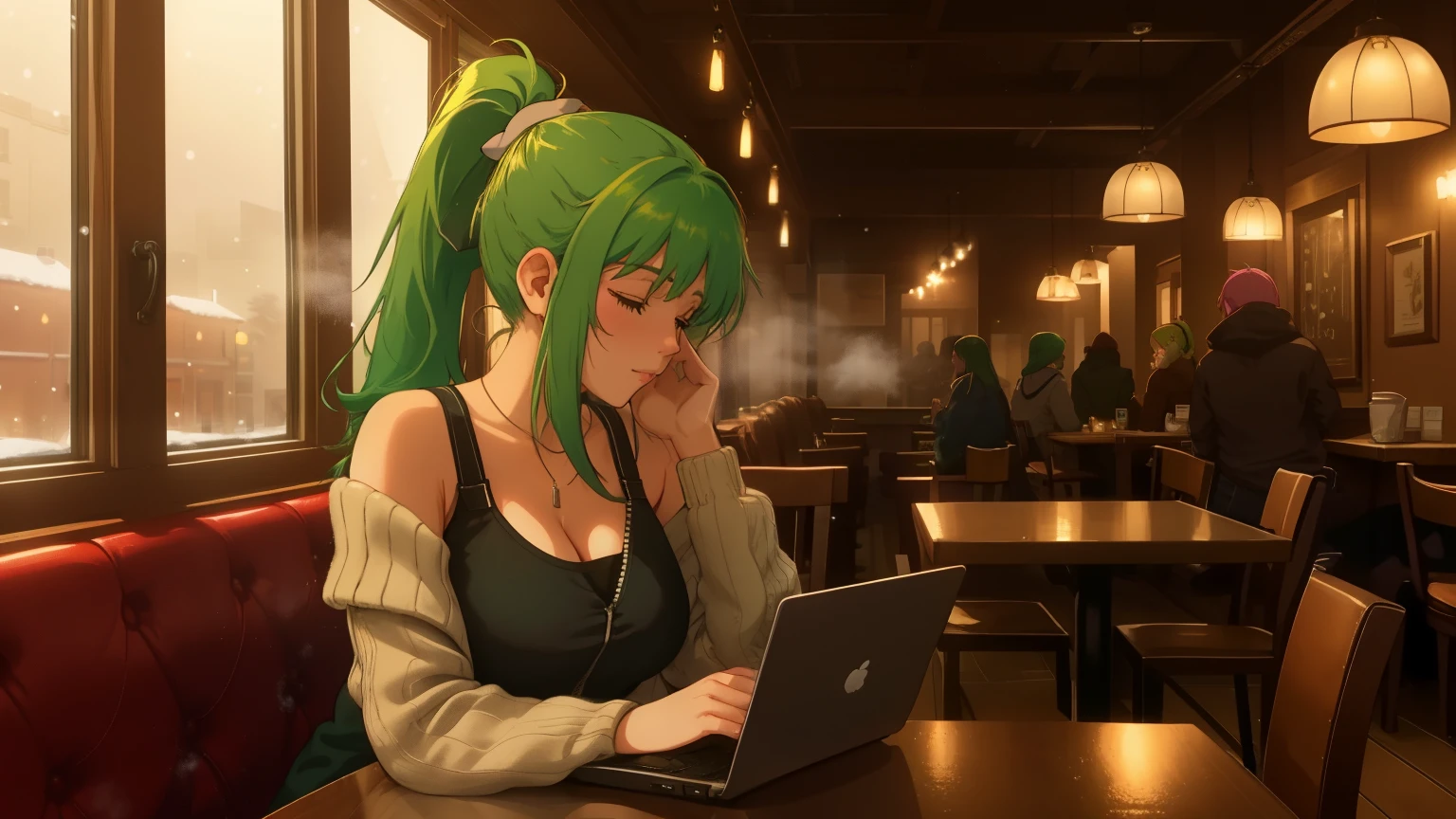 "A woman with green hair tied in a ponytail sits at a table in a cozy café, typing on a laptop. She is wearing a pink tank top under an open zipper jacket, exuding a casual and relaxed vibe. The warm ambient lighting of the café highlights the comforting atmosphere, with subtle details of wooden furniture and soft yellow lights. Behind her, large windows reveal a snowy winter evening, showcasing softly falling snow and a bustling urban street illuminated by warm streetlights. On the table beside her, a steaming cup of coffee or tea adds to the serene ambiance. The scene blends the cozy interior of the café with the wintry magic outside, capturing a moment of quiet productivity and reflection."
