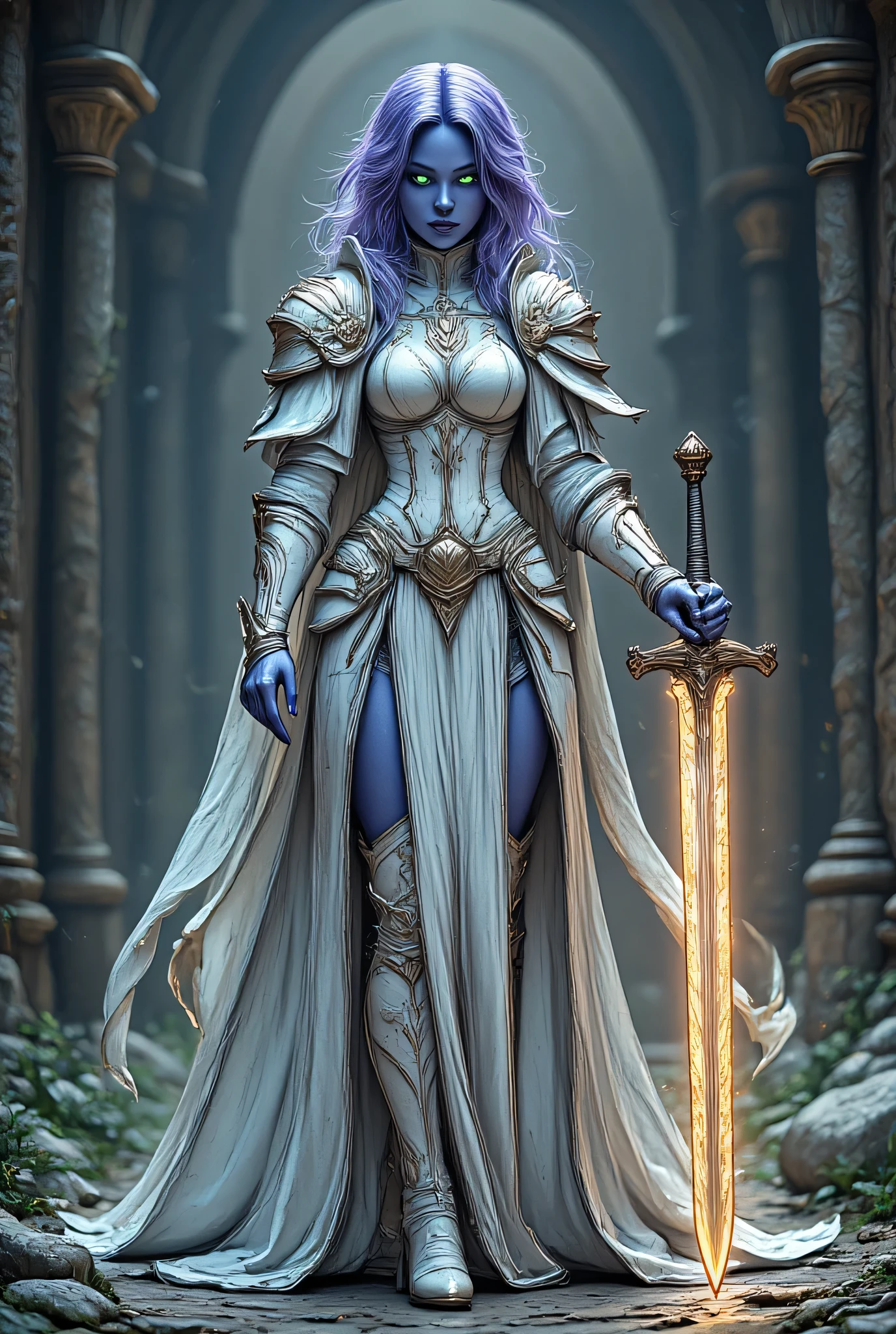 fantasy art, dnd art, RPG art, wide shot, (masterpiece: 1.4) a (portrait: 1.3) intense details, highly detailed, photorealistic, best quality, highres, portrait a female (fantasy art, Masterpiece, best quality: 1.3) ((blue skin: 1.5)), intense details facial details, exquisite beauty, (fantasy art, Masterpiece, best quality) cleric, ((cobalt blue skin: 1.5)) female, ((lavender hair: 1.5)), long hair, (((no ears: 1.5))), (green eyes: 1.3), armed with a fiery sword red fire, wearing (twilight priestly combat vestments: 1.5), white armor, wearing high heeled laced boots, wearing an (orange cloak:1.3), wearing glowing sun holy symbol fantasy temple background, reflection light, high details, best quality, 16k, [ultra detailed], masterpiece, best quality, (extremely detailed), close up, ultra wide shot, photorealistic, RAW, fantasy art, dnd art, fantasy art, realistic art,((best quality)), ((masterpiece)), (detailed), perfect face, Cinematic Hollywood Film style, hyp3rd3tail style,  hkstyle