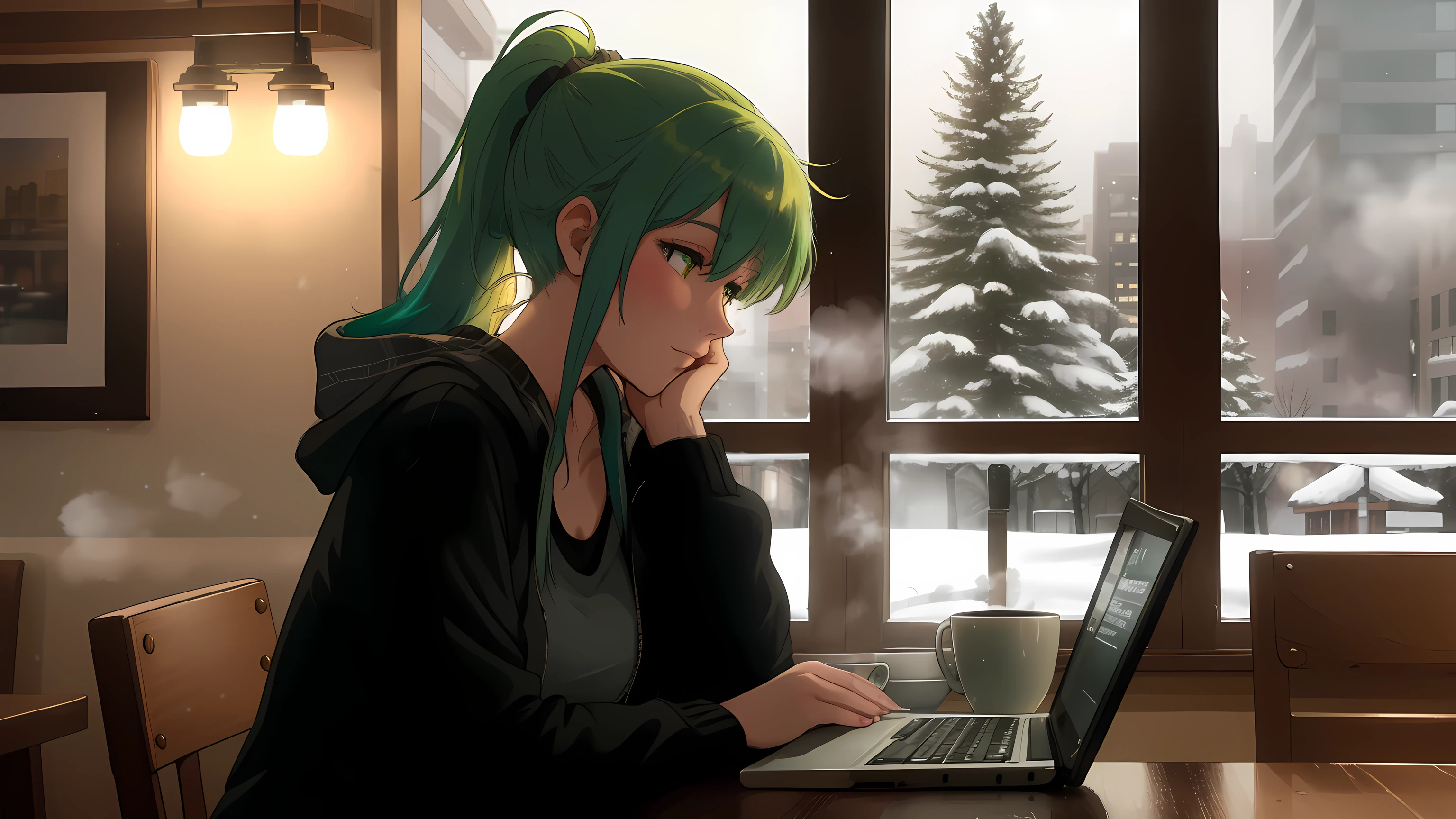 "A woman with green hair tied in a ponytail sits at a table in a cozy café, typing on a laptop. She is wearing a pink tank top under an open zipper jacket, exuding a casual and relaxed vibe. The warm ambient lighting of the café highlights the comforting atmosphere, with subtle details of wooden furniture and soft yellow lights. Behind her, large windows reveal a snowy winter evening, showcasing softly falling snow and a bustling urban street illuminated by warm streetlights. On the table beside her, a steaming cup of coffee or tea adds to the serene ambiance. The scene blends the cozy interior of the café with the wintry magic outside, capturing a moment of quiet productivity and reflection."
