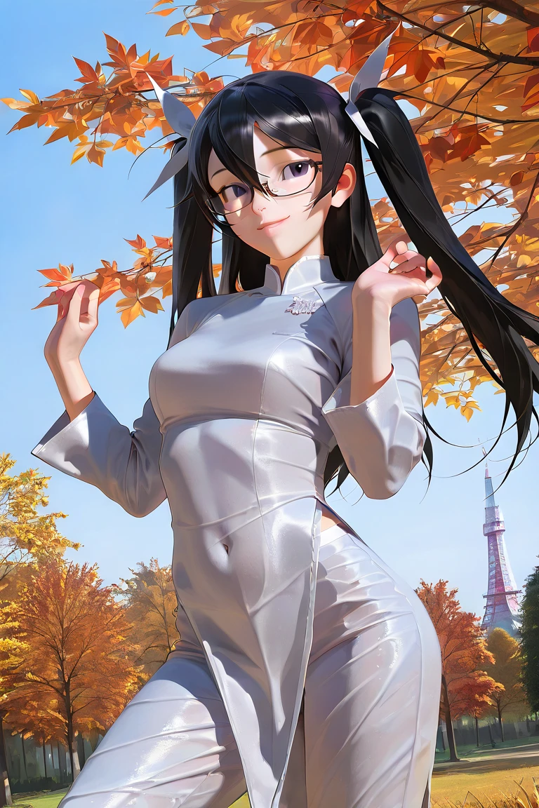 a influenser wearing Ao Dai comes in best autumn leaves season in Tokyo,(sfw), autumn but hot sunny day clear blue sky,
shining skin, perfect quality, high quality, masterpiece, skin texture, detailed skin, realistic skin,

18yo girl,hands up her shoulder height,
 scene of Throwing higher bulk of the fallen leaves for viewer with her 2 hands, 
smile
anime style (cute) round (adorable face) (thick wet lip)
she is looks like arare-chan in real life
(correct gingko tree stem unique rough surface:1.3),
many of tall gingko trees and less maple trees
short round chin (yellow iris), soft shadow on face make her beauty, face profile. tilt head, P:
(standing contrapposto) twisting upper body,
perfect realistic skin, medium breasts,
almost no trancerucency of ao dai,

simple background in the park of Japan, under huge gingkotree, Shiba kouen, Tokyo tower on back ground lergesize on screen
leaves of gingko she is throw, falling gingko leaves flying on wind,
(hard diffused spotlighting from diagonally
behind:0.7),
dutch_angle, 
(girl covered with dark shadow of trees:1.3)
(low contrast on skin, low brightness on skin:1.3)
(low highlight on skin:1.3 )
looking at viewer,
narrow sloping shoulders
long glossy black hair very long pigtails twin braid wearing glasses 3part of bangs, 
(oily skin:0.7) (low contrast on skin, low brightness on skin:1.3)
(traditional cutting silky long sleeves white ao dai with white glitter embroidery around fore body),
raglan sleeve ao dai
her right side open design
skin of side belly, white silky long pants as set of ao dai,
pelvic curtain slightly floating by zephyr,
from below, (side portrait:1.3),autumn grass, red maple leaves far away,
set white balance as 5600k on middle tone of skin
under knee out of the frame,
volumetric shadow on breasts, zephyr on fore and back pelvic curtains of ao dai,
various mesmerize posing
(sharp lines:1.3)
various colors of ao dai for matching with the background

zPDXL3