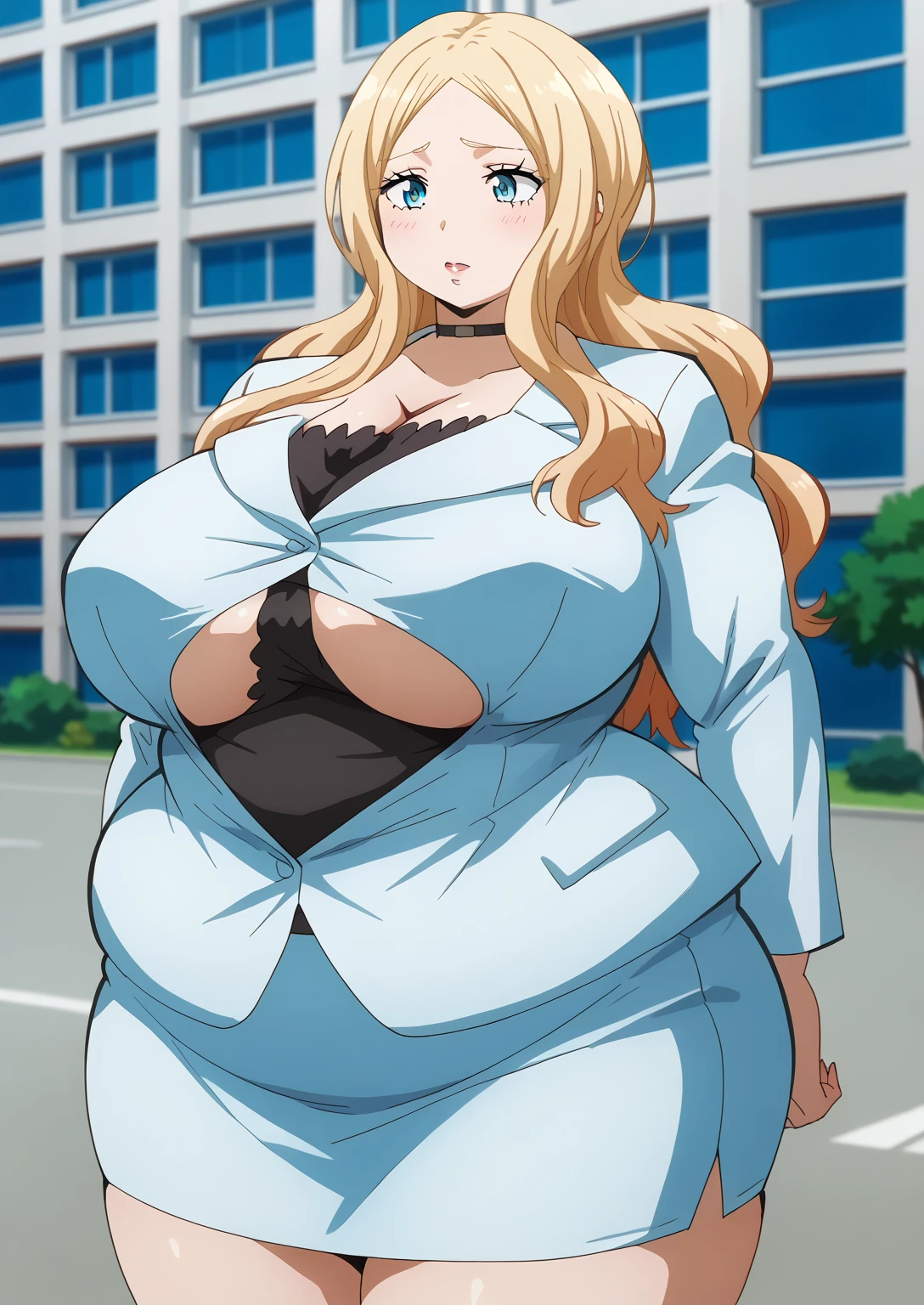  Irina Jelavic,  Golden Hair ,  blue eyes,  black choker like an NTR cartoon, suit,  white jacket,  black shirt , (white mini skirt) , ssbbw, chubby,milf, score_9,   score_8_ up,   score_7_ up,   score_6_ up,   score_5_ up,   score_4_ up,     masterpiece   ,   top quality,     So Aesthetic ,    absurd,    Source_Anime, Anime screencap,    one woman , Alone,   personal   ,  Super huge breasts, ((( super huge clevis, Super huge , Super huge boob))), Curvy,   chubby,  Mature Woman,   obese ,  embarrassing expression, Outdoor