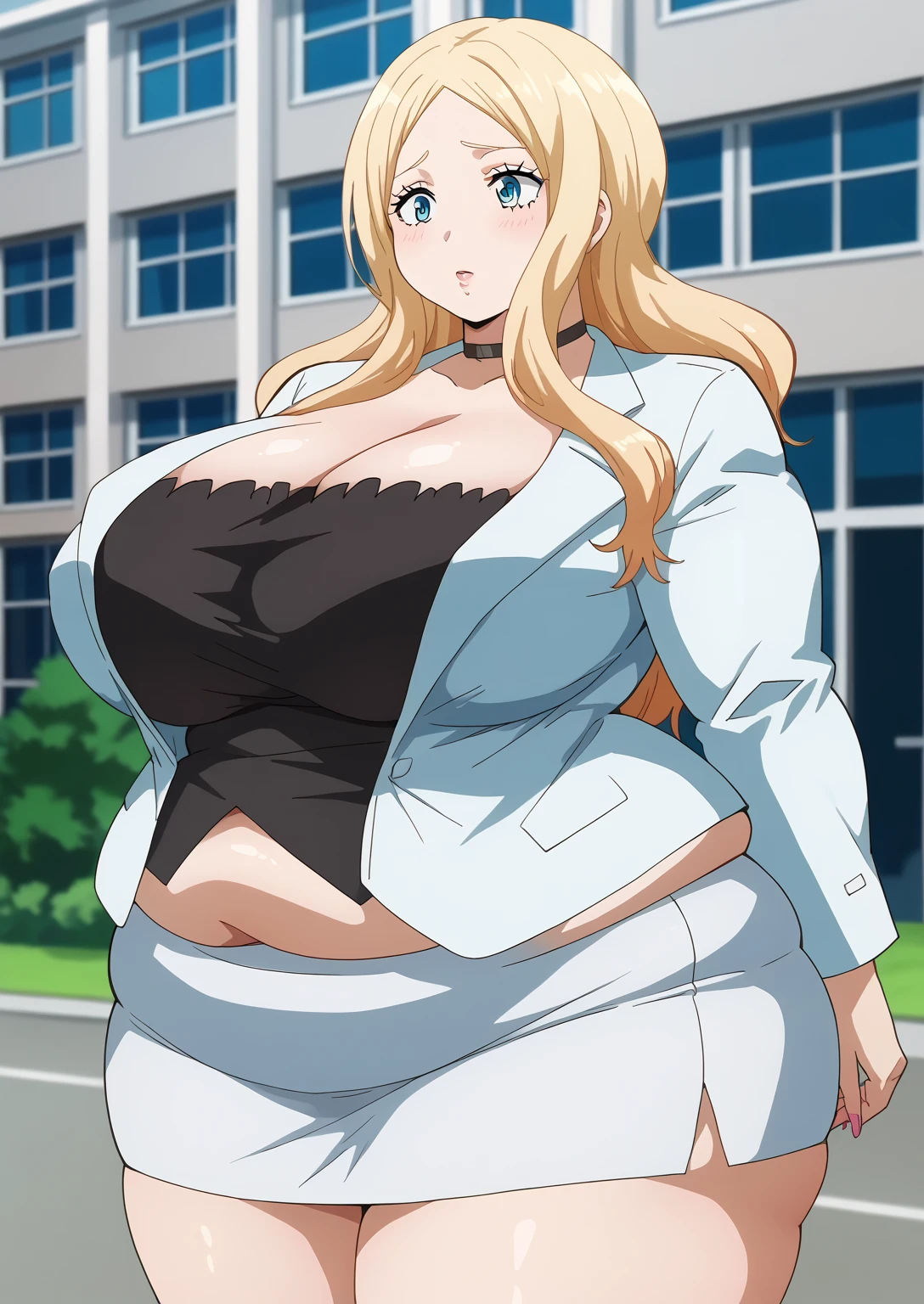  Irina Jelavic,  Golden Hair ,  blue eyes,  black choker like an NTR cartoon, suit,  white jacket,  black shirt , (white mini skirt) , ssbbw, chubby,milf, score_9,   score_8_ up,   score_7_ up,   score_6_ up,   score_5_ up,   score_4_ up,     masterpiece   ,   top quality,     So Aesthetic ,    absurd,    Source_Anime, Anime screencap,    one woman , Alone,   personal   ,  Super huge breasts, ((( super huge clevis, Super huge , Super huge boob))), Curvy,   chubby,  Mature Woman,   obese ,  embarrassing expression, Outdoor