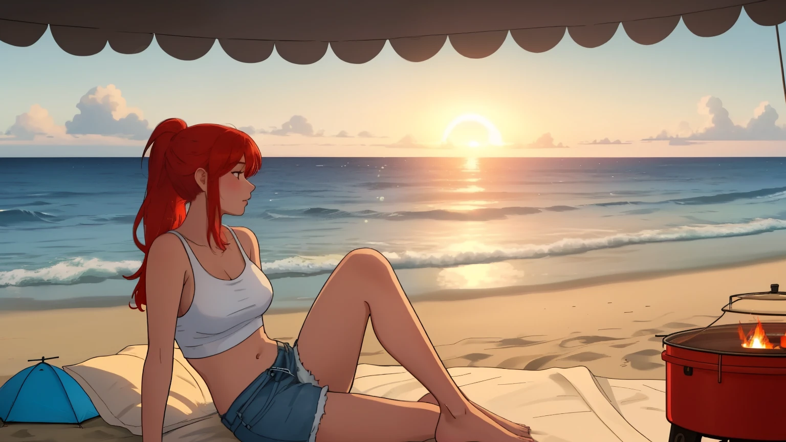 "A serene beach camping scene set against the backdrop of soft, white sand and a sparkling blue ocean. Gentle waves lap at the shore, their rhythmic motion harmonizing with the tranquil atmosphere. A young woman with blonde-red hair tied in a sleek ponytail sits near a glowing modern campfire, its warmth contrasting with the cool ocean breeze. She wears a simple white tank top and denim shorts, embodying a relaxed and carefree vibe. Around her, minimalist camping gear is neatly arranged, and an open tent frames the stunning seaside view. In the background, tall palm trees sway gently, while the golden sunlight reflects off the water, casting a magical glow over the scene. This idyllic setting captures the perfect balance between adventure and the calming embrace of nature on a pristine beach."
