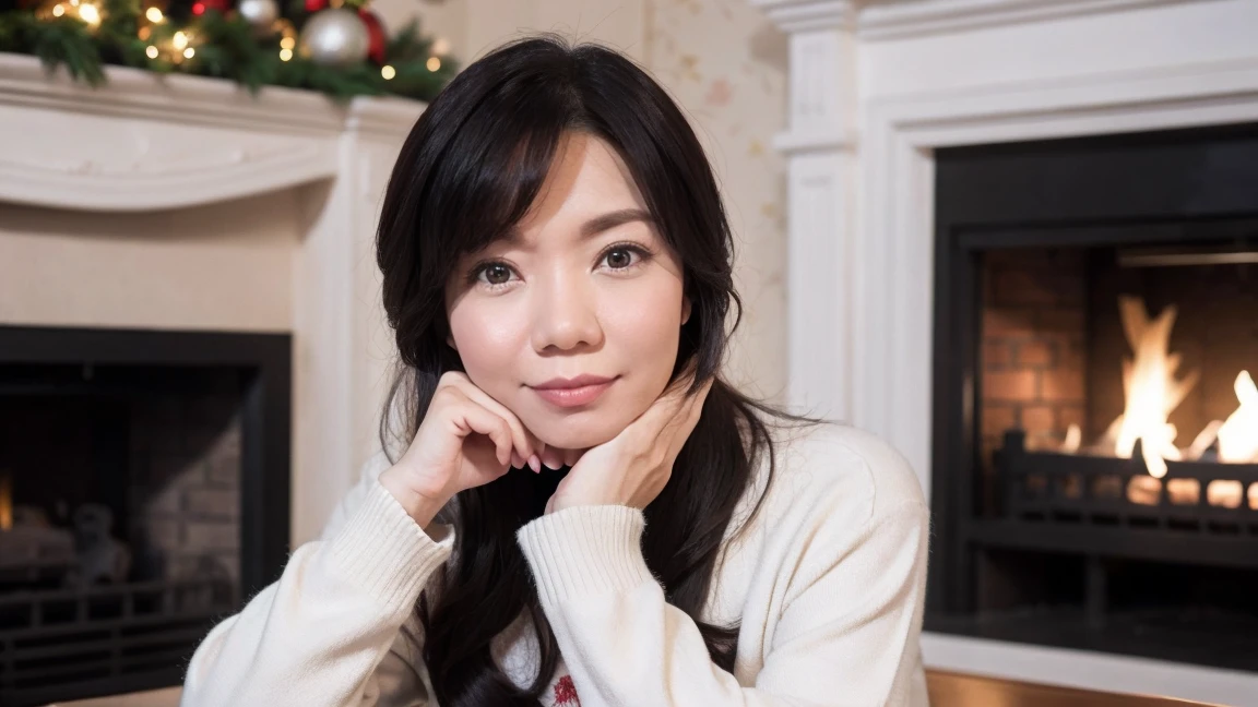 A beautiful chinese 50yo woman with beautiful eyes:1.2, detailed eyes, beautiful full lips, highly detailed eyes and faces, long eyelashes, cute expression, smile, sitting:1.4, holding a Christmas star, homely background, Christmas sweater, fireplace, warm light, detailed lighting and shadows, anime style, 8k, Hi-Res, masterpiece:1.4, bright colors,