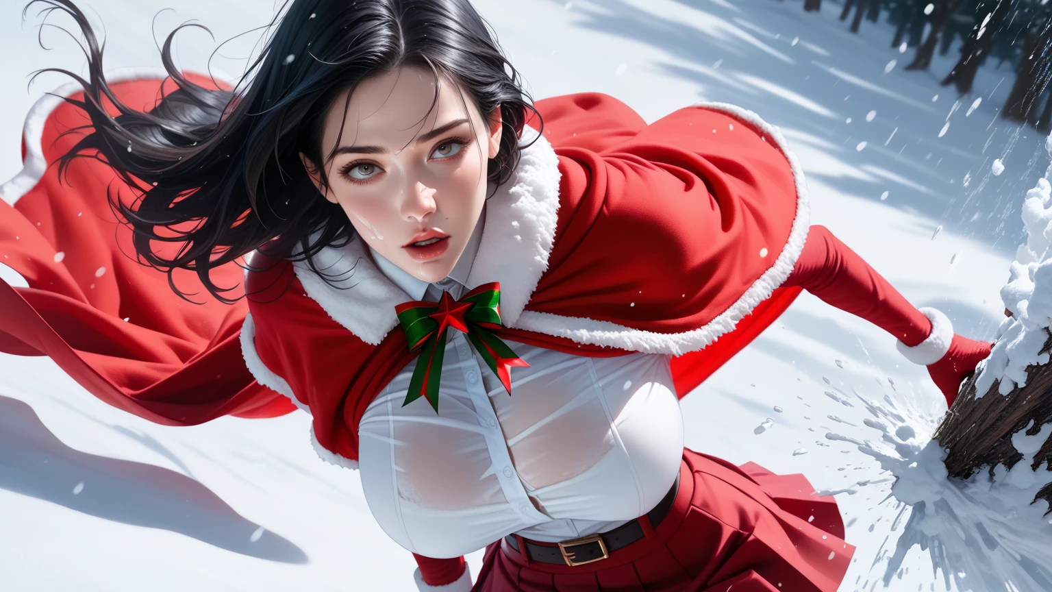 score_9,score_8_up,score_7_up,high res image,masterpiece,best quality,realistic,1girl,santa_costume,white_shirt,(red cape:1.2),(red skirt:1.2),snow,(upper_body:1.2),(dynamic_angle:1.3),(medium breasts:1.3),(dropping:1.4),(face focus:1.3),(black hair:1.3),