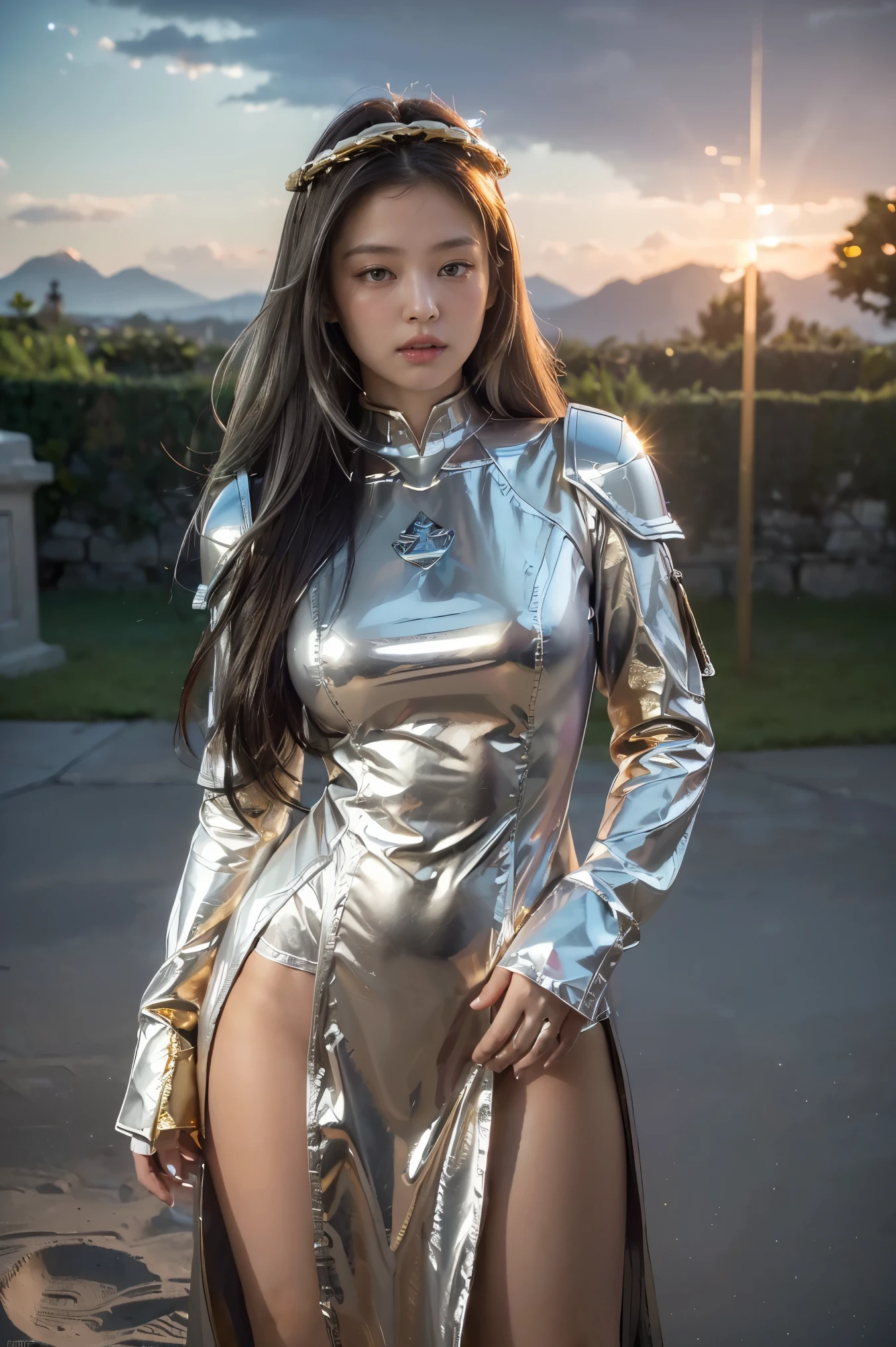 ((masterpiece, best quality, extremely detailed), volumetric lighting, ambient occlusion, colorful, glowing), 1girl, solo, young girl, (dark hair), long hair, halo, aura, sacred, goddess, cleric suit, (silver outfit with gold detailst:1.3), armor, outdoors, sunset, sky, clouds, space, (fantasy theme:1.2),