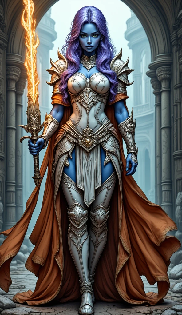 fantasy art, dnd art, RPG art, drkfntasy wide shot, (masterpiece: 1.4) portrait, intense details, highly detailed, photorealistic, best quality, highres, glowing particle portrait a vedalken female (fantasy art, Masterpiece, best quality: 1.3) (blue skin: 1.5), intense details facial details, exquisite beauty, (fantasy art, Masterpiece, best quality)cleric, (blue colored skin: 1.5) blue skinned female, (white hair: 1.3), long hair, intense green eye, (fantasy art, Masterpiece, best quality), (((no ears: 1.5))), armed a fiery sword red fire, wearing heavy (white: 1.3) half plate mail armor CM-Beautiful_armor wearing high heeled laced boots, wearing an(orange :1.3) cloak, wearing glowing holy symbol, within fantasy temple background, reflection light, high details, best quality, 16k, [ultra detailed], masterpiece, best quality, (extremely detailed), close up, ultra wide shot, photorealistic, RAW, fantasy art, dnd art, fantasy art, realistic art, 