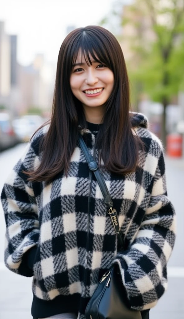 admiring_black, This image is、 This is a portrait of a young woman with dark hair and bangs that extend to her shoulders.  she's smiling big 、Looking directly at the camera.  The woman has a black and white plaid coat with a hood、I'm wearing a black bag over my shoulder .  The Background Is Blurry , but、It looks like an urban area with buildings and trees 々 . The lighting is soft and natural, Create a bokeh effect.  The overall vibe of the image is happy and relaxed,((full body, upskirt, panties)),

the perfect hand,  beautiful hands. 