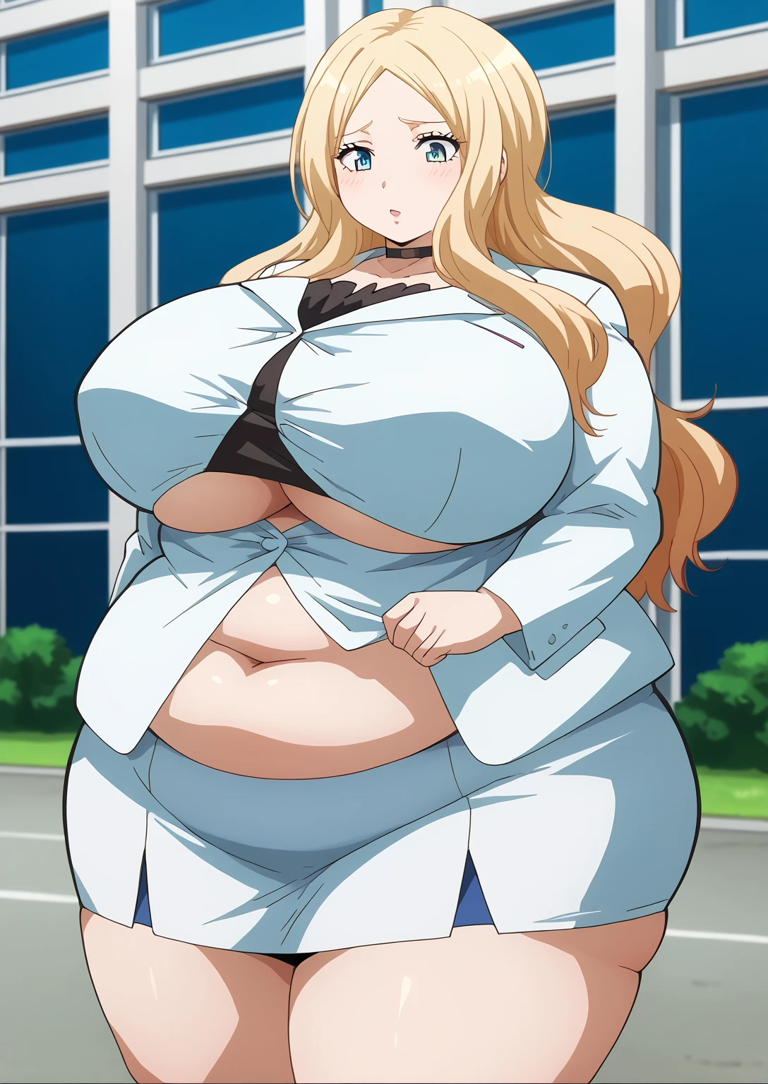  Irina Jelavic,  Golden Hair ,  blue eyes,  black choker like an NTR cartoon,  white suit , ( white jacket), Black inner shirt, (white mini skirt) , ssbbw, chubby,milf, score_9,   score_8_ up,   score_7_ up,   score_6_ up,   score_5_ up,   score_4_ up,     masterpiece   ,   top quality,     So Aesthetic ,    absurd,    Source_Anime, Anime screencap,    one woman , Alone,   personal   ,  Super huge breasts, ((( super huge clevis, Super huge , Super huge boob))), Curvy,   chubby,  Mature Woman,   obese ,  embarrassing expression, Outdoor