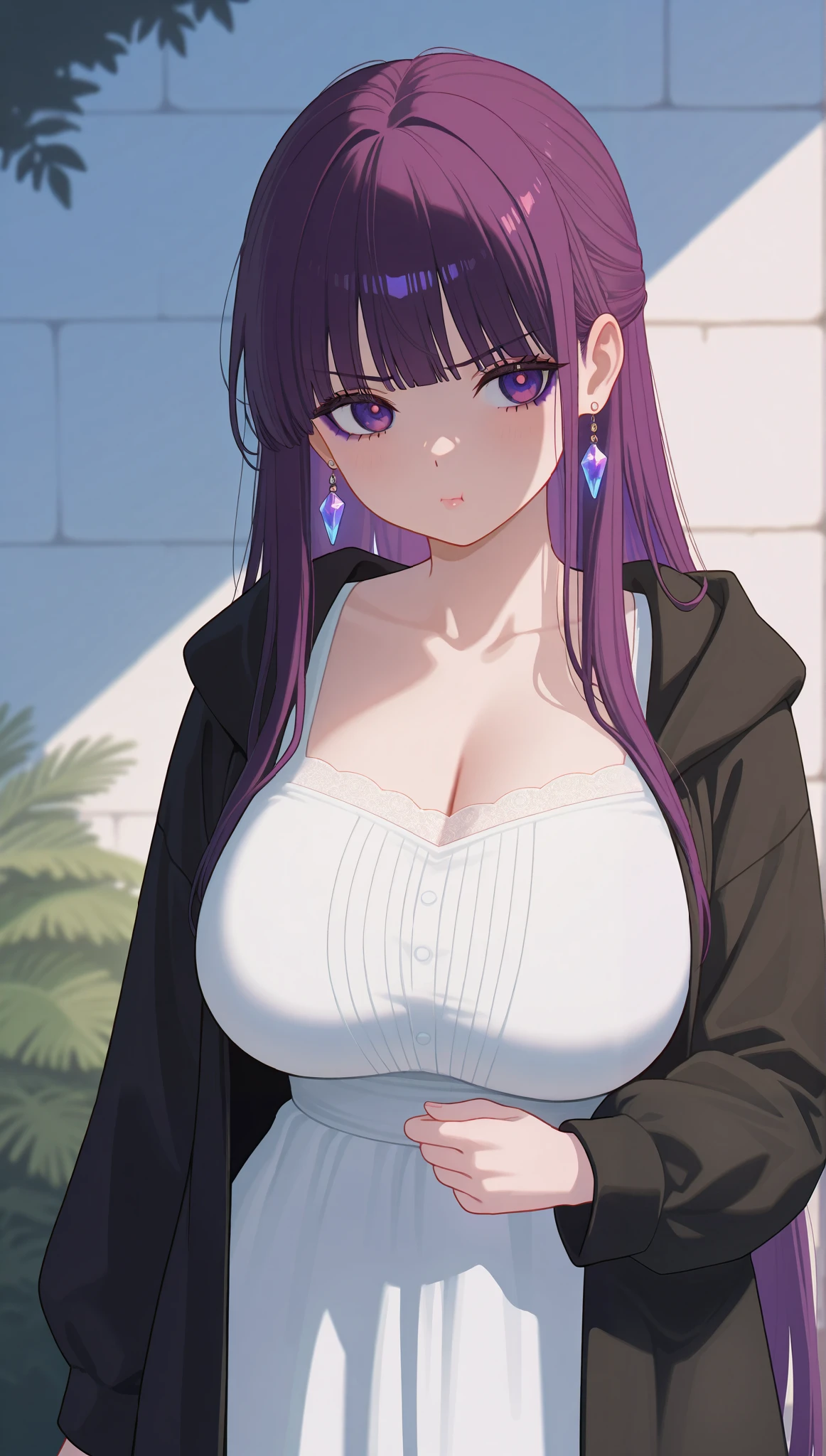 (masterpiece), (portrait), big breasts (aesthetics), ((1 female 21 years old)), Highlight earrings), ((long hair)), ((Hot crystal purple hair)), ((Fern)) straight hair, thin eyes open, cold look, purple eyes, cute, naughty, angry, pout, lane, woman, feminine, beautiful, female features, top, high quality, aesthetic clothing, professional angle, (rule of thirds), (feminine), , (beautiful) , (female), solo, (Korean attractive), summer, (ink haze), (afternoon), (vibrant light), seductive posture, ((face looking forward))), Fern, long black coat, long sleeves, long white dress, long sleeves, sensual ((Energy)), (Bold Makeup), (Big Breasts), Fair Skin, (Clothes with Hip Hop Details), (a hot Fern, sculptural body, sexy pose), (Sleep Neckline), Beautiful Hands, Body beautiful, beautiful ears, beautiful eyes, bright eyes, beautiful mouth, beautiful lips, medieval town, quiet town