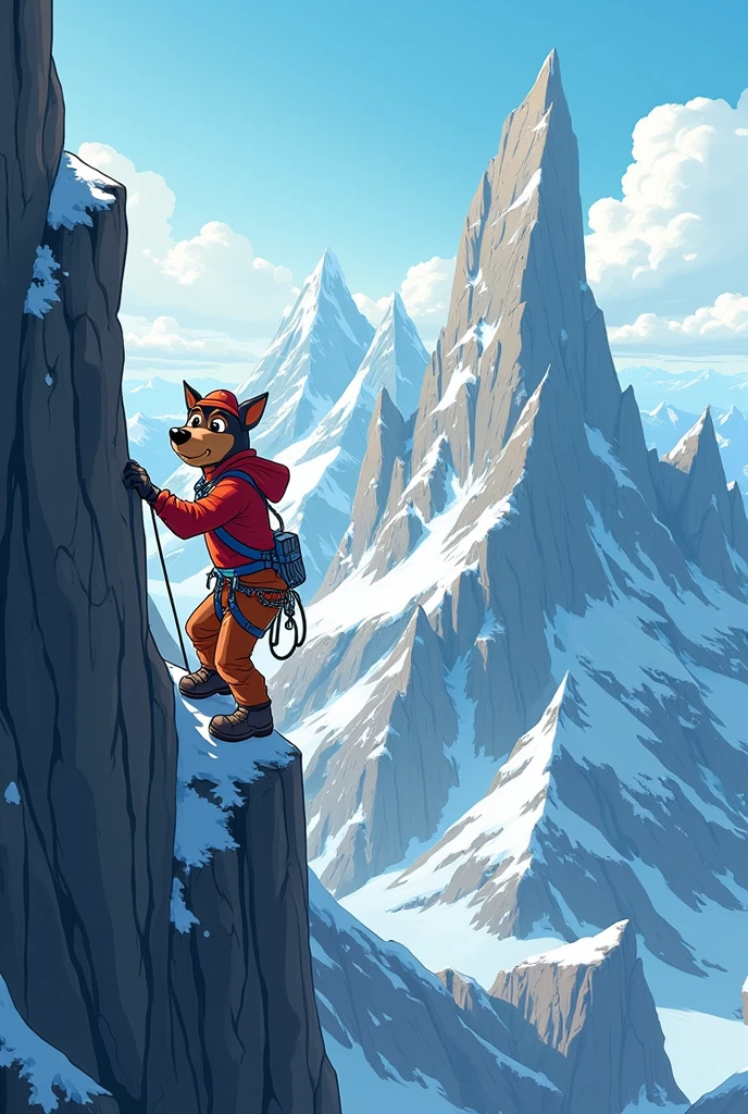 Draw a scene from the cartoon : Zwergpinscher, a climber dressed as a climber climbs a steep mountainside