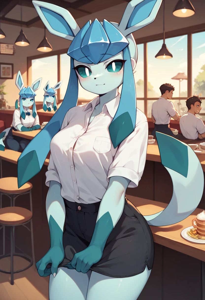 Anime style glaceon furry sexy hot woman,in the Café rooms. 