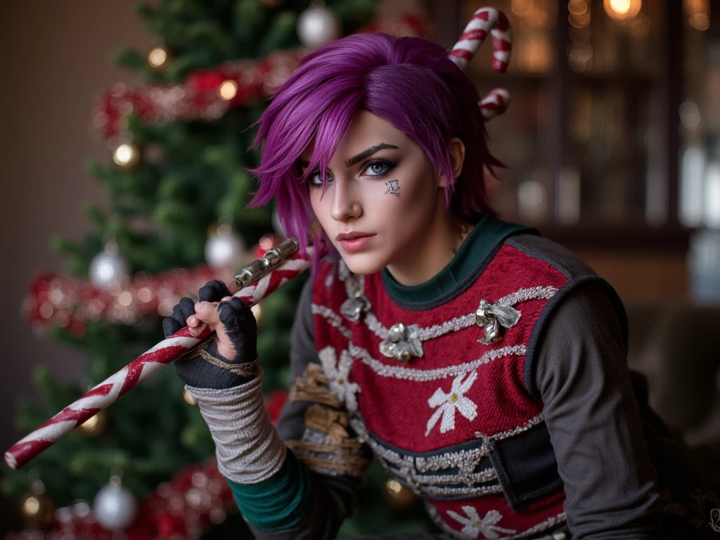 (best quality, 128k,highres,masterpiece:1.2),ultra-detailed,(realistic,photorealistic,photo-realistic:1.37), ((masterpiece)) ((photography)) ((Highest quality)) Vi from Arcane in a Christmas theme: Vi, wearing a tough yet festive Christmas sweater with a snowflake design, her usual gloves now adorned with jingle bells, strikes a playful but fierce pose. Her purple hair has a few strands tied with red ribbons, and she’s holding a giant candy cane like a weapon. Behind her is a Christmas tree that’s a bit too overdecorated, with tinsel spilling everywhere. The setting feels festive yet chaotic, with a mix of holiday cheer and Vi’s fiery energy.